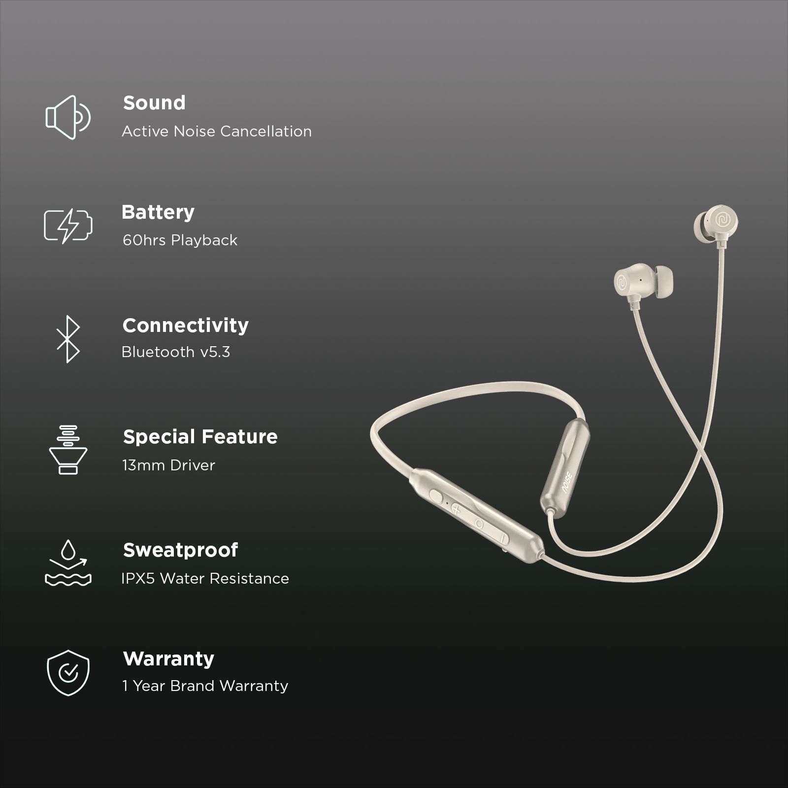 noise Airwave Pro Neckband with Active Noise Cancellation (IPX5 Water Resistant, Instacharge, Metallic Beige)_2