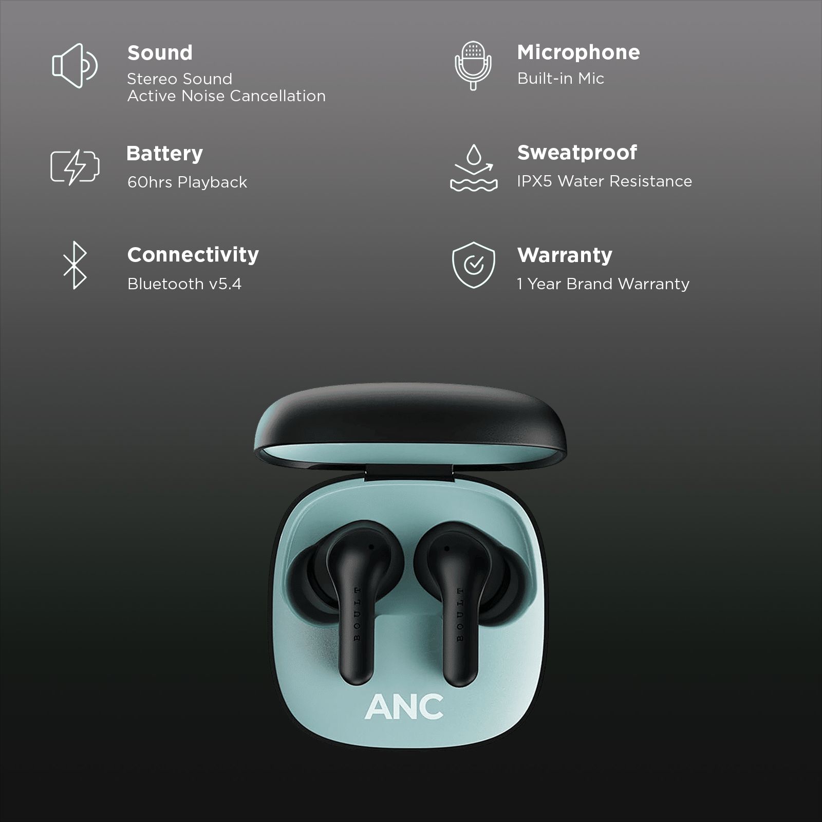 GOBOULT Klarity 4 FGTW245BLK TWS Earbuds with Active Noise Cancellation (IPX5 Water Resistant, Fast Charging, Black)_2
