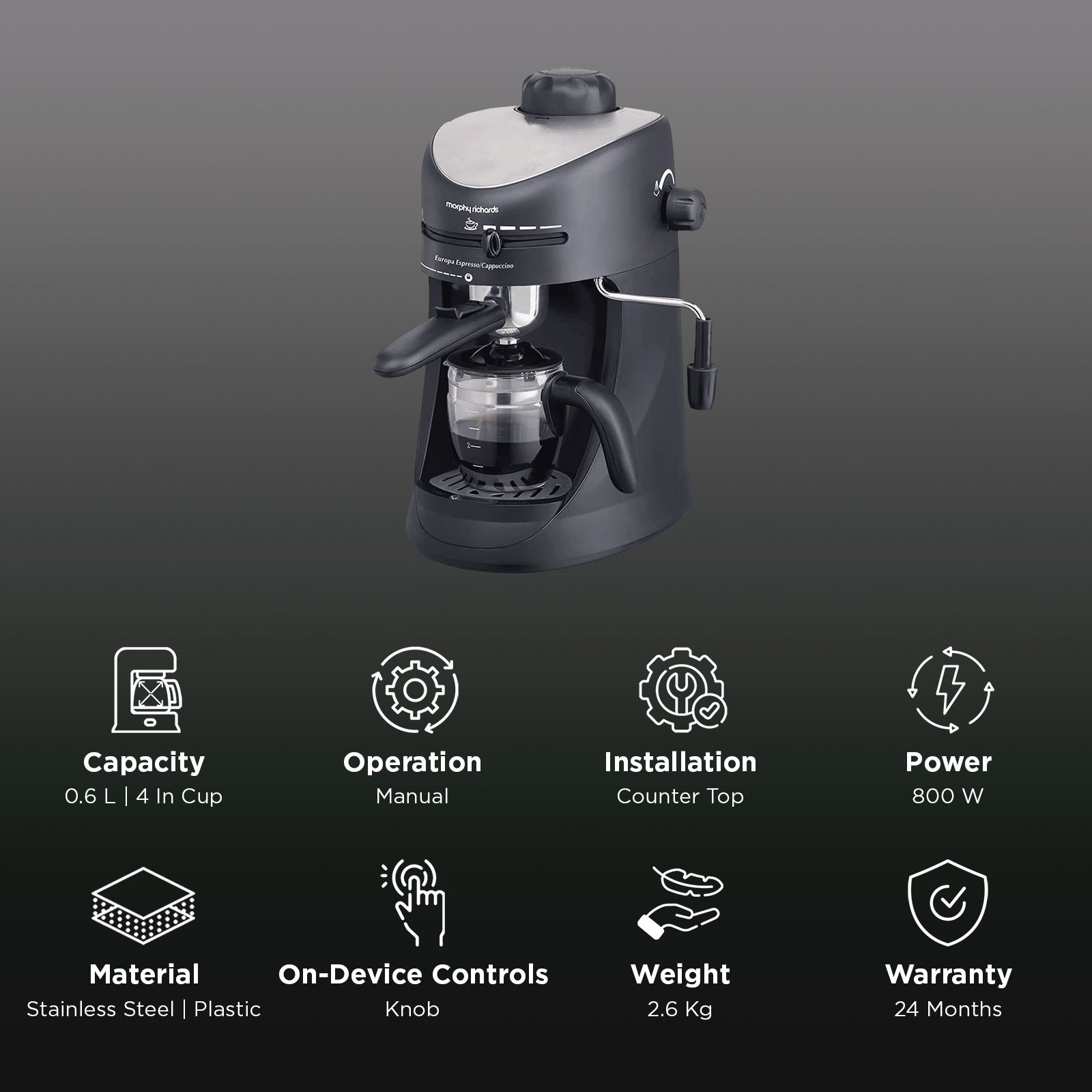 morphy richards Europa 800 Watt 4 Cups Manual Espresso & Cappuccino Coffee Maker with In-Built Froth Maker (Black) morphy richards Europa 800 Watt 4 Cups Manual Espresso & Cappuccino Coffee Maker with In-Built Froth Maker (Black)_3