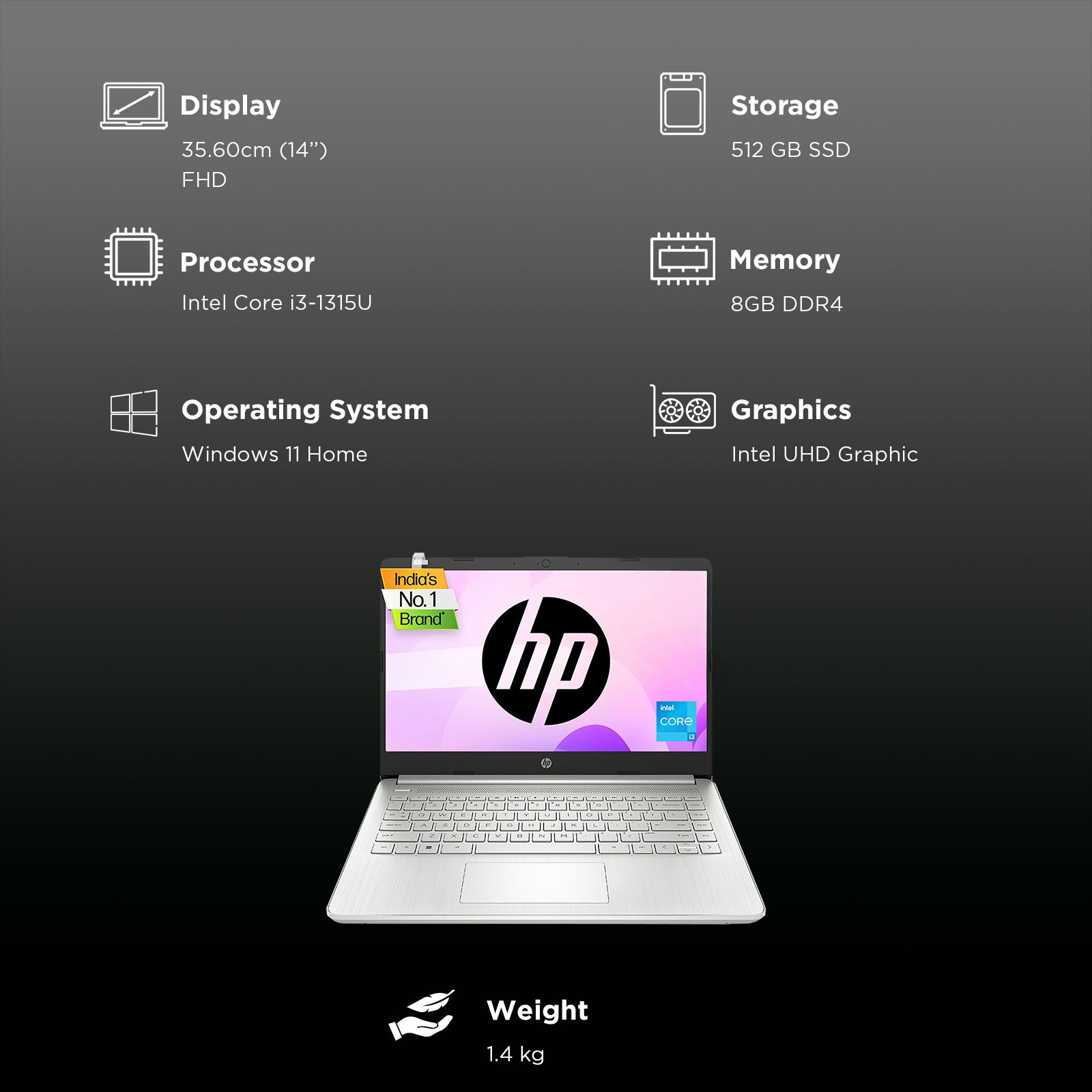 HP 14-ep0294TU Intel Core i3 13th Gen Laptop (8GB, 512GB SSD, Windows 11 Home, 14 inch Full HD Display, MS Office 2024, Natural Silver, 1.4 KG)_3