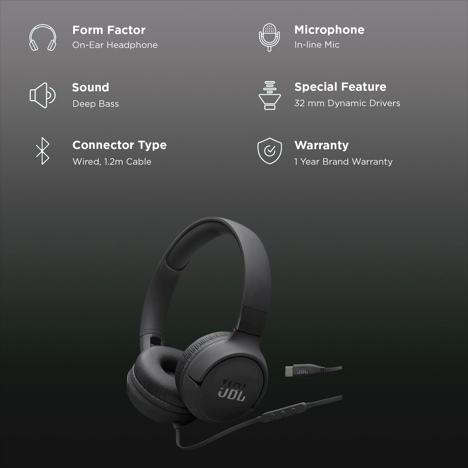 JBL Tune 520C JBLT520CBLK Wired Headphone with Mic (USB Type-C Connector, On Ear, Black)_2
