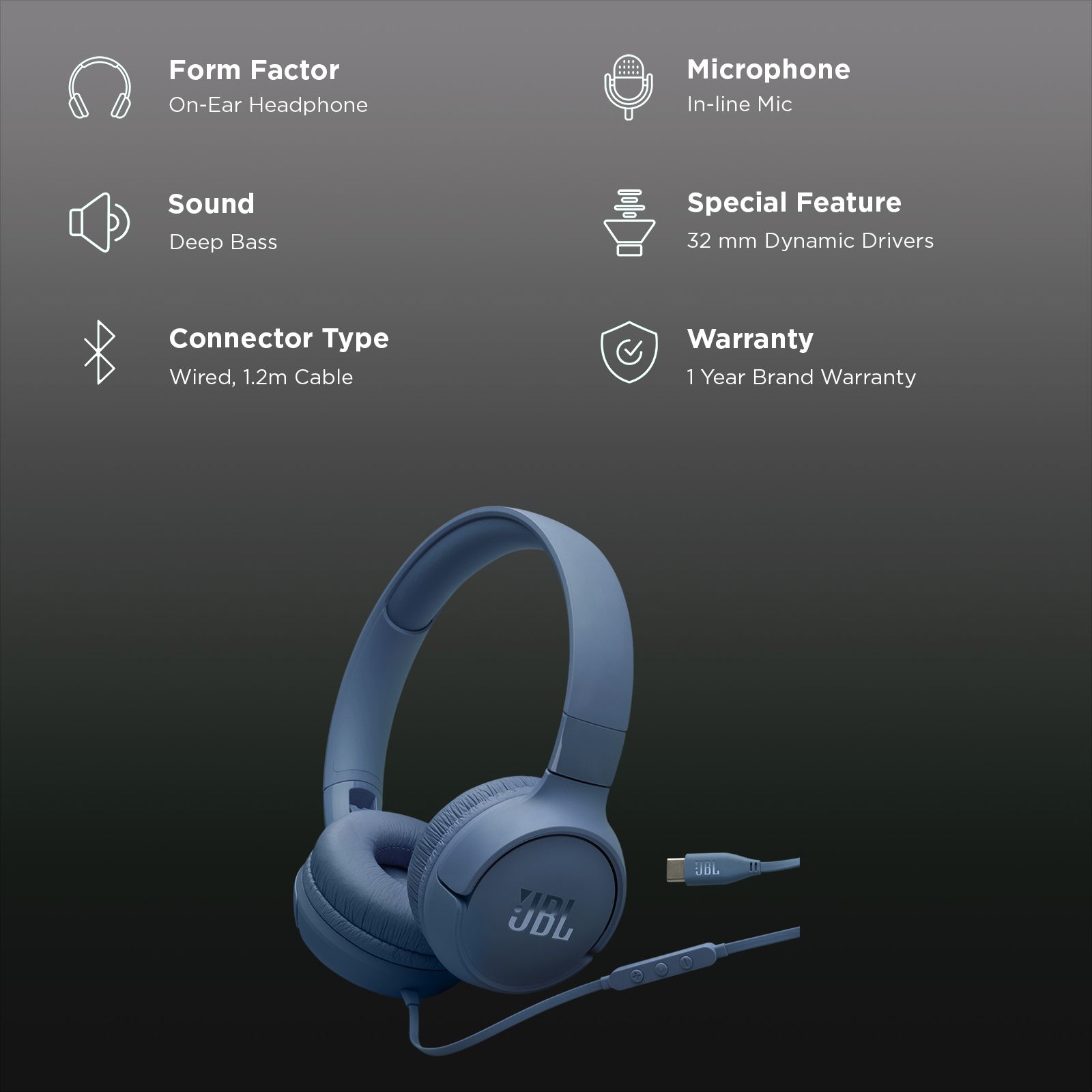 JBL Tune 520C JBLT520CBLU Wired Headphone with Mic (USB Type-C Connector, On Ear, Blue)_2