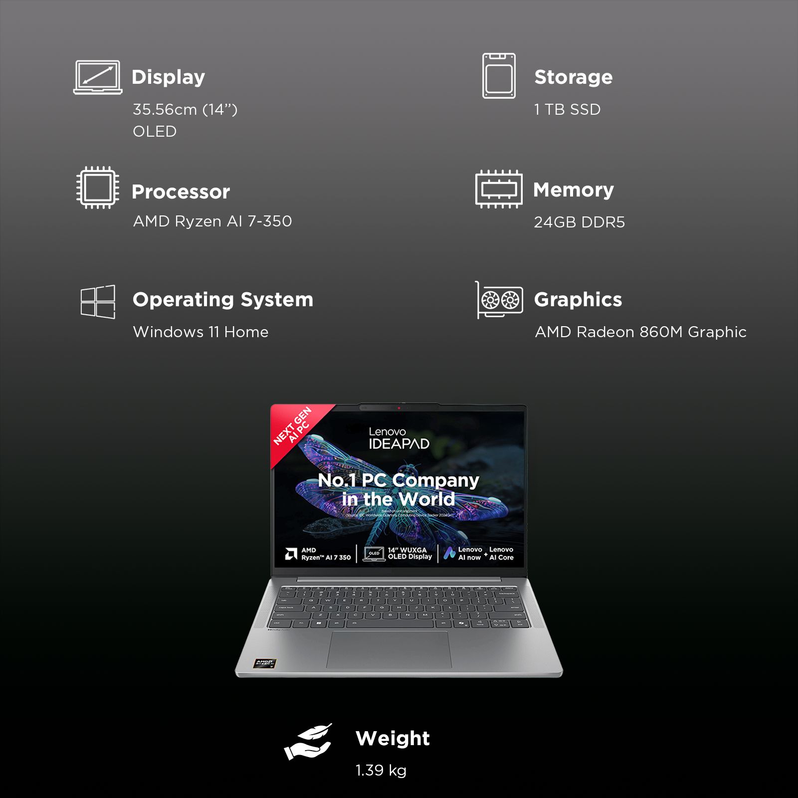 Lenovo IdeaPad Slim 5 14AKP10 AMD Ryzen AI 7 Thin & Light Laptop (24GB, 1TB SSD, Windows 11 Home, 14 inch WUXGA OLED Display, MS Office Home 2024, Luna Grey, 1.39 KG)_3