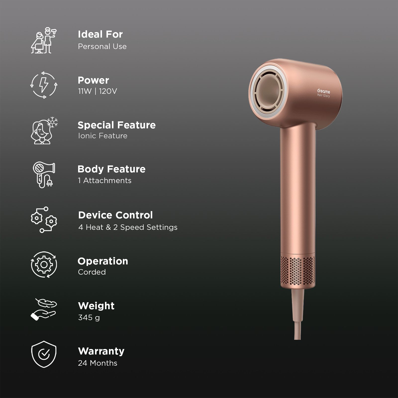 DREAME Glory Hair Dryer with 4 Heat Settings & Cool Blow (Negative Ion Technology, ROSE)_3