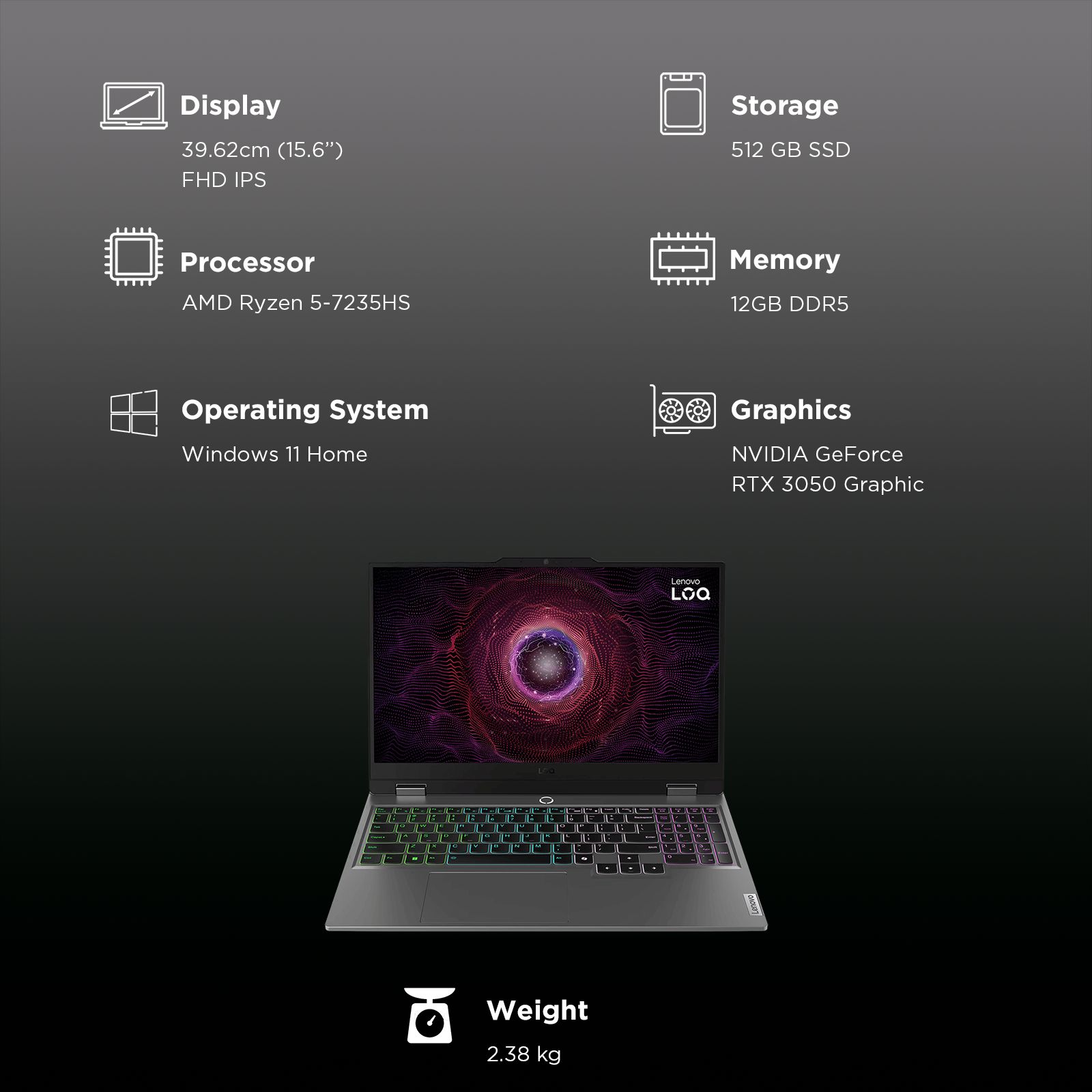 Lenovo LOQ 15ARP9 AMD Ryzen 5 Gaming Laptop (12GB, 512GB SSD, Windows 11 Home, 6GB Graphics, 15.6 inch 144 Hz Full HD IPS Display, NVIDIA GeForce RTX 3050, MS Office Home 2024, Luna Grey, 2.38 KG) Lenovo LOQ 15ARP9 AMD Ryzen 5 Gaming Laptop (12GB, 512GB SSD, Windows 11 Home, 6GB Graphics, 15.6 inch 144 Hz Full HD IPS Display, NVIDIA GeForce RTX 3050, MS Office Home 2024, Luna Grey, 2.38 KG)_3