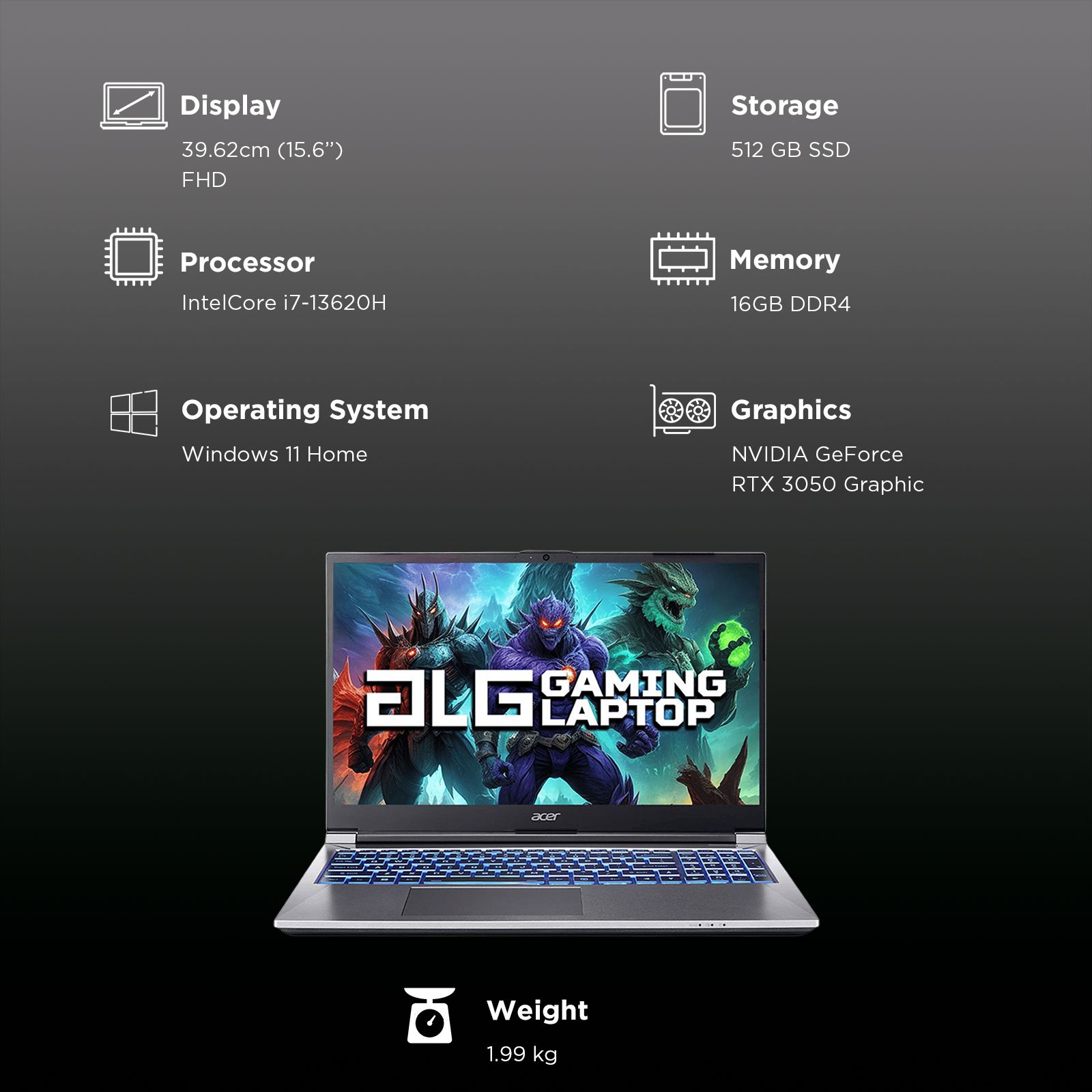 acer Aspire ALG AL15G-53 Intel Core i7 13th Gen Gaming Laptop (16GB, 512GB SSD, Windows 11 Home, 6GB Graphics, 15.6 inch 144 Hz Full HD Display, NVIDIA GeForce RTX 3050, MS Office, Steel Gray, 1.99 KG)_3