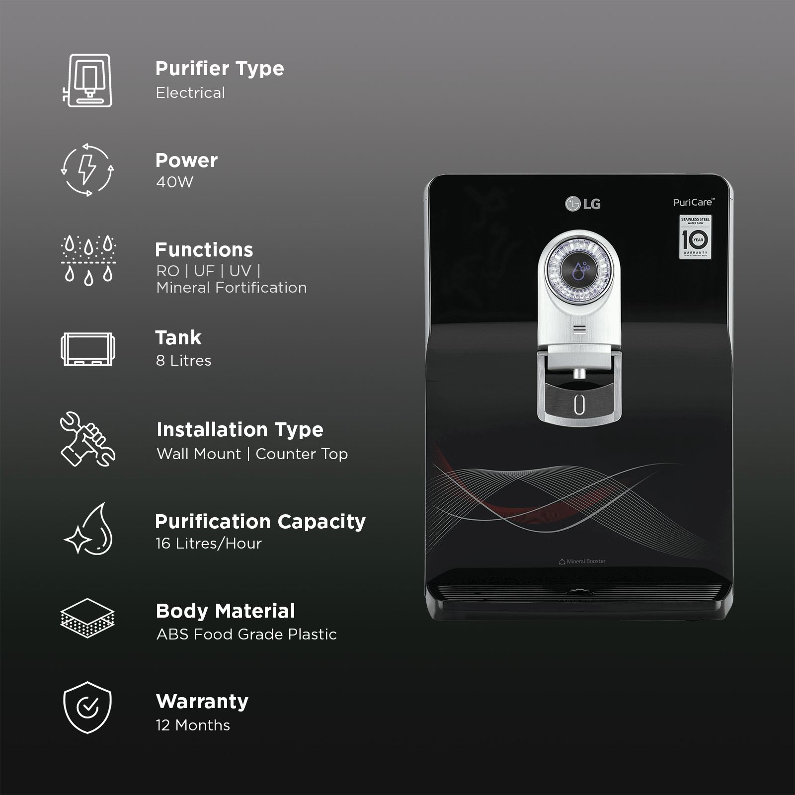 LG PuriCare 8L RO + UV + UF + Mineral Booster Water Purifier with Multi Stage Filtration (Solid Black) LG PuriCare 8L RO + UV + UF + Mineral Booster Water Purifier with Multi Stage Filtration (Solid Black)_3