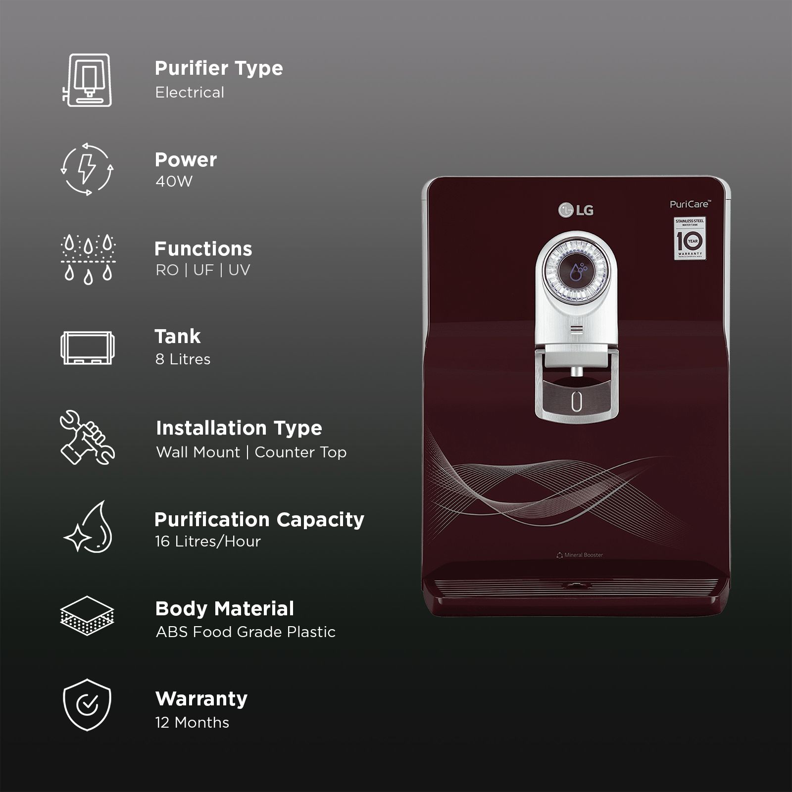 LG PuriCare 8L RO + UV + UF + Mineral Booster Water Purifier with Multi Stage Filtration (Crimson Red)_3