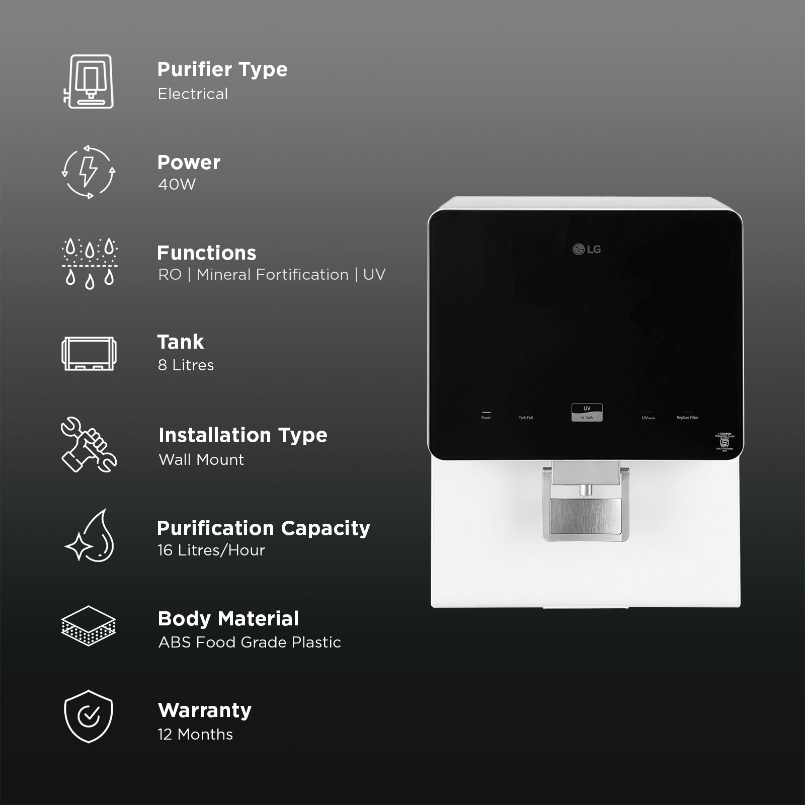 LG WW176GTBW 8L RO + UV + Mineral Booster Water Purifier with Multi Stage Filtration (Black & White) LG WW176GTBW 8L RO + UV + Mineral Booster Water Purifier with Multi Stage Filtration (Black & White)_3