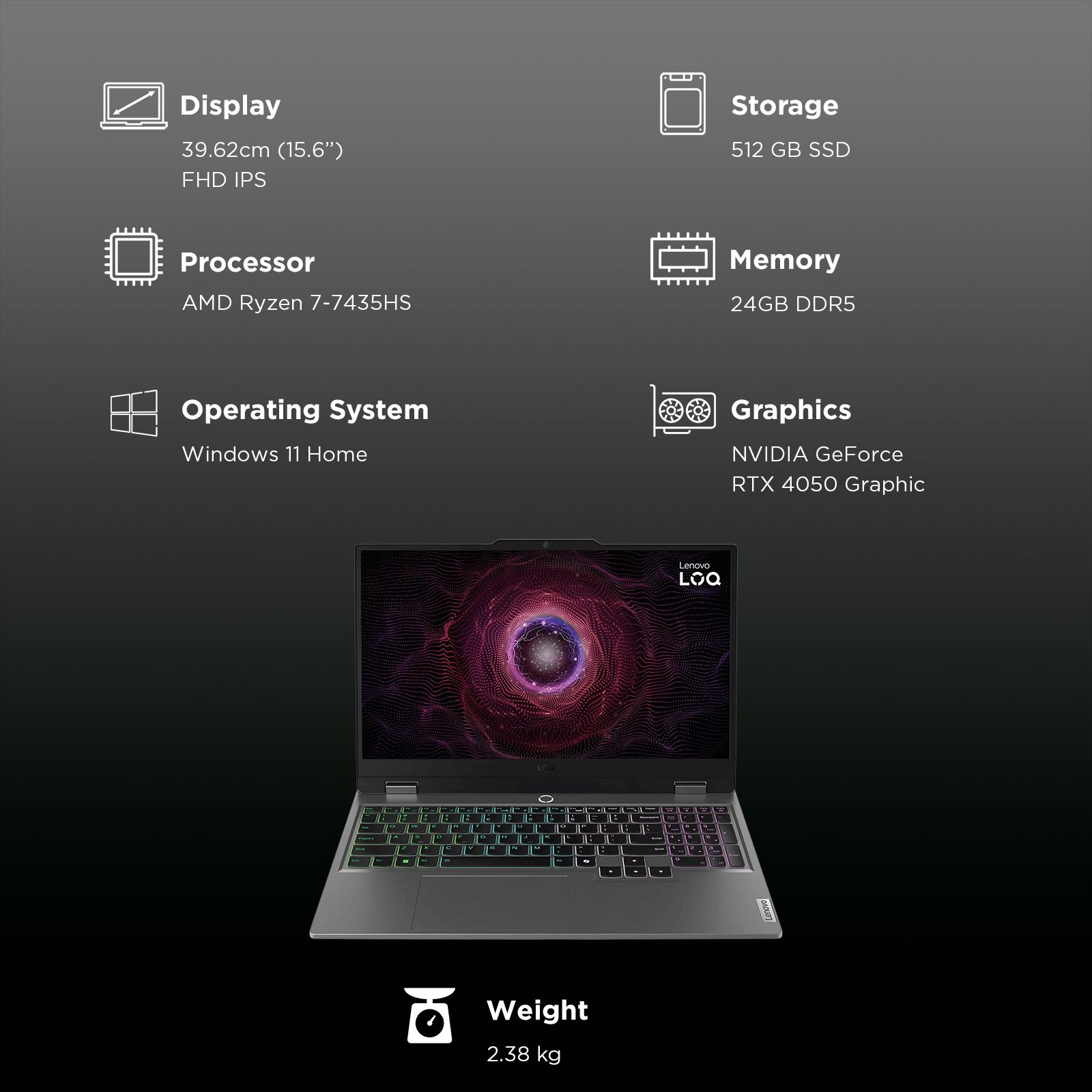 Lenovo LOQ 15ARP9 AMD Ryzen 7 Gaming Laptop (24GB, 512GB SSD, Windows 11 Home, 6GB Graphics, 15.6 inch 144 Hz Full HD IPS Display, NVIDIA GeForce RTX 4050, MS Office Home 2024, Luna Grey, 2.38 KG)_3