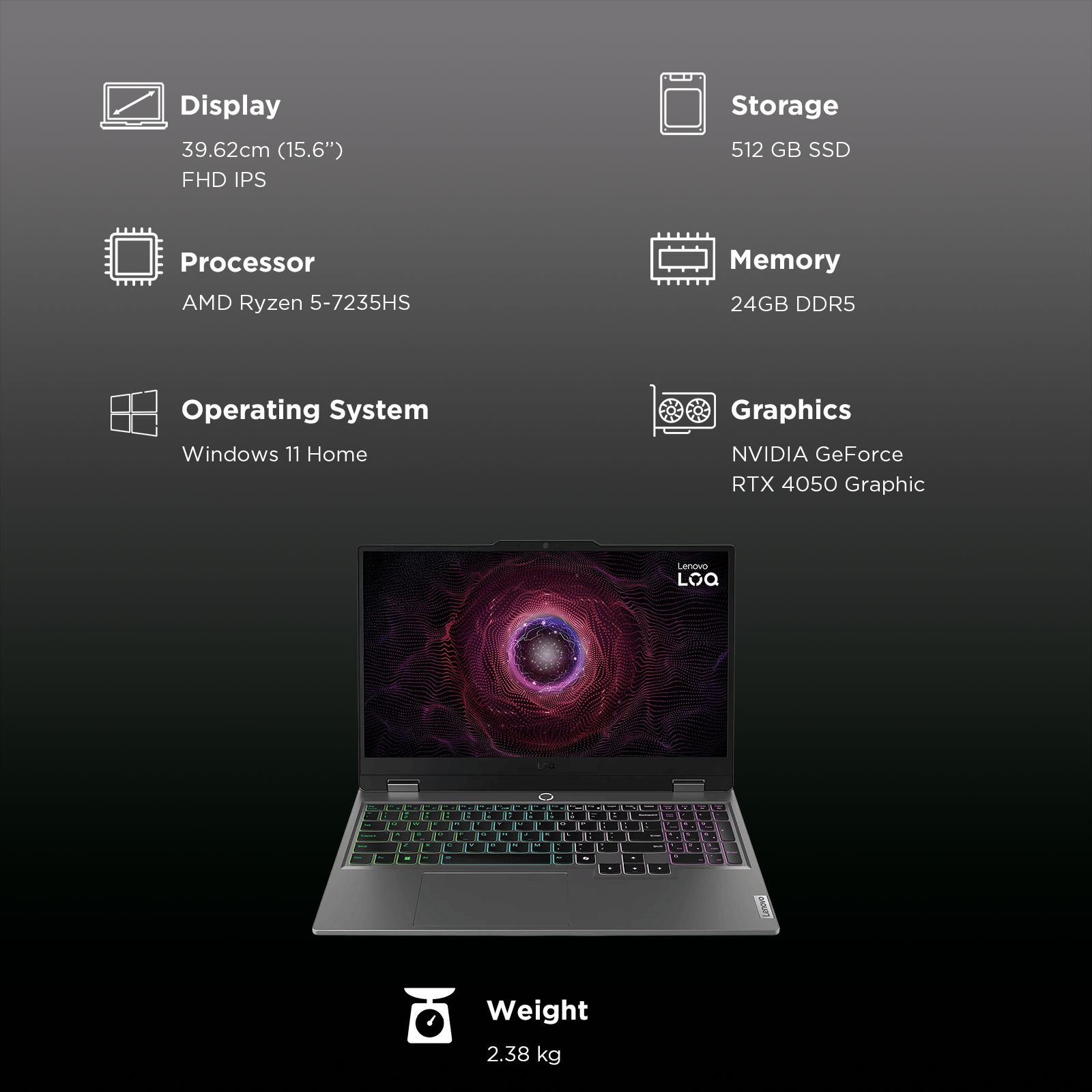 Lenovo LOQ 15ARP9 AMD Ryzen 5 Gaming Laptop (24GB, 512GB SSD, Windows 11 Home, 4GB Graphics, 15.6 inch 144 Hz Full HD IPS Display, NVIDIA GeForce RTX 3050A, MS Office Home 2024, Luna Grey, 2.38 KG) Lenovo LOQ 15ARP9 AMD Ryzen 5 Gaming Laptop (24GB, 512GB SSD, Windows 11 Home, 4GB Graphics, 15.6 inch 144 Hz Full HD IPS Display, NVIDIA GeForce RTX 3050A, MS Office Home 2024, Luna Grey, 2.38 KG)_3