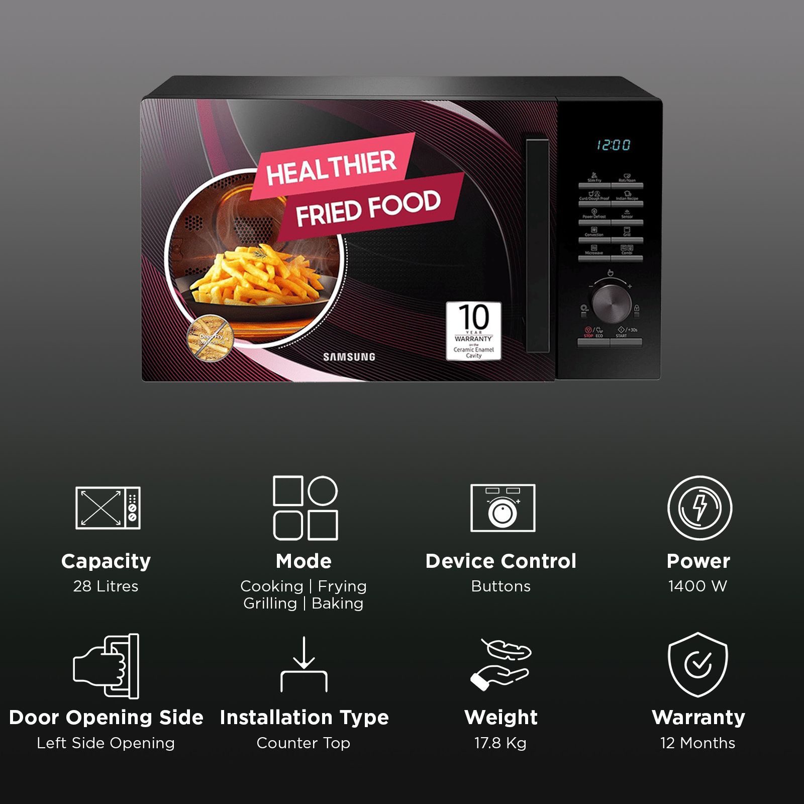 SAMSUNG 28L Convention Oven with SLIM FRY Technology (MC28A5145VR/TL, Black Rhythmic Twirl)_3
