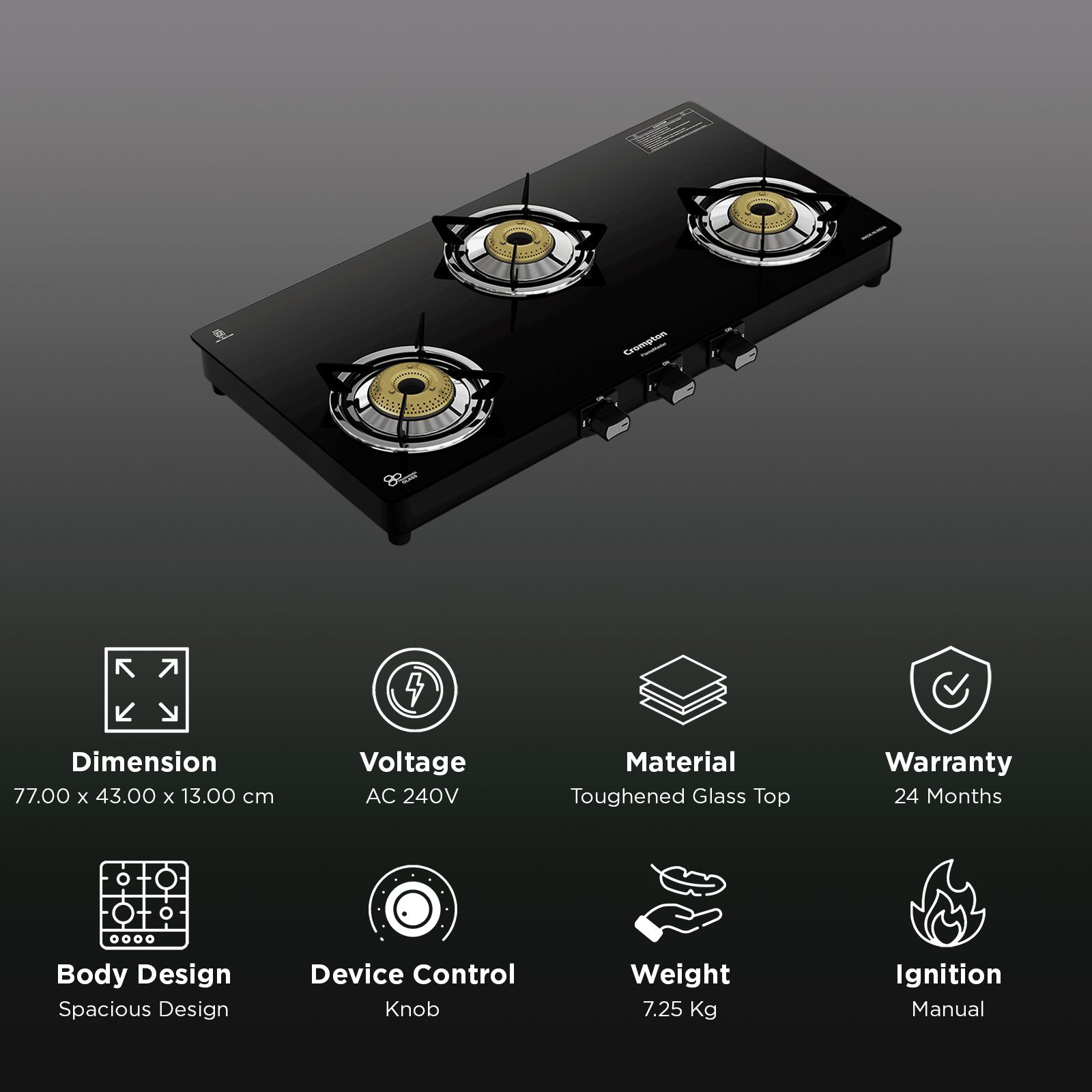 Crompton FlameMaster Toughened Glass Top 3 Burner Manual Gas Stove (Mild Steel Body, Black) Crompton FlameMaster Toughened Glass Top 3 Burner Manual Gas Stove (Mild Steel Body, Black)_3