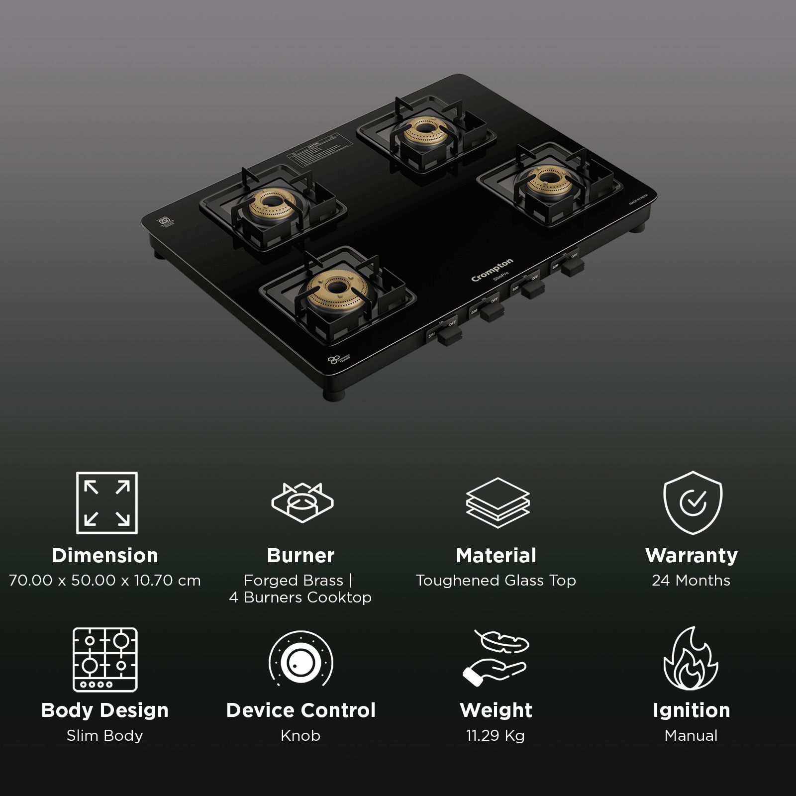 Crompton SlimPro Toughened Glass Top 4 Burner Manual Gas Stove (Mild Steel Body, Black) Crompton SlimPro Toughened Glass Top 4 Burner Manual Gas Stove (Mild Steel Body, Black)_3
