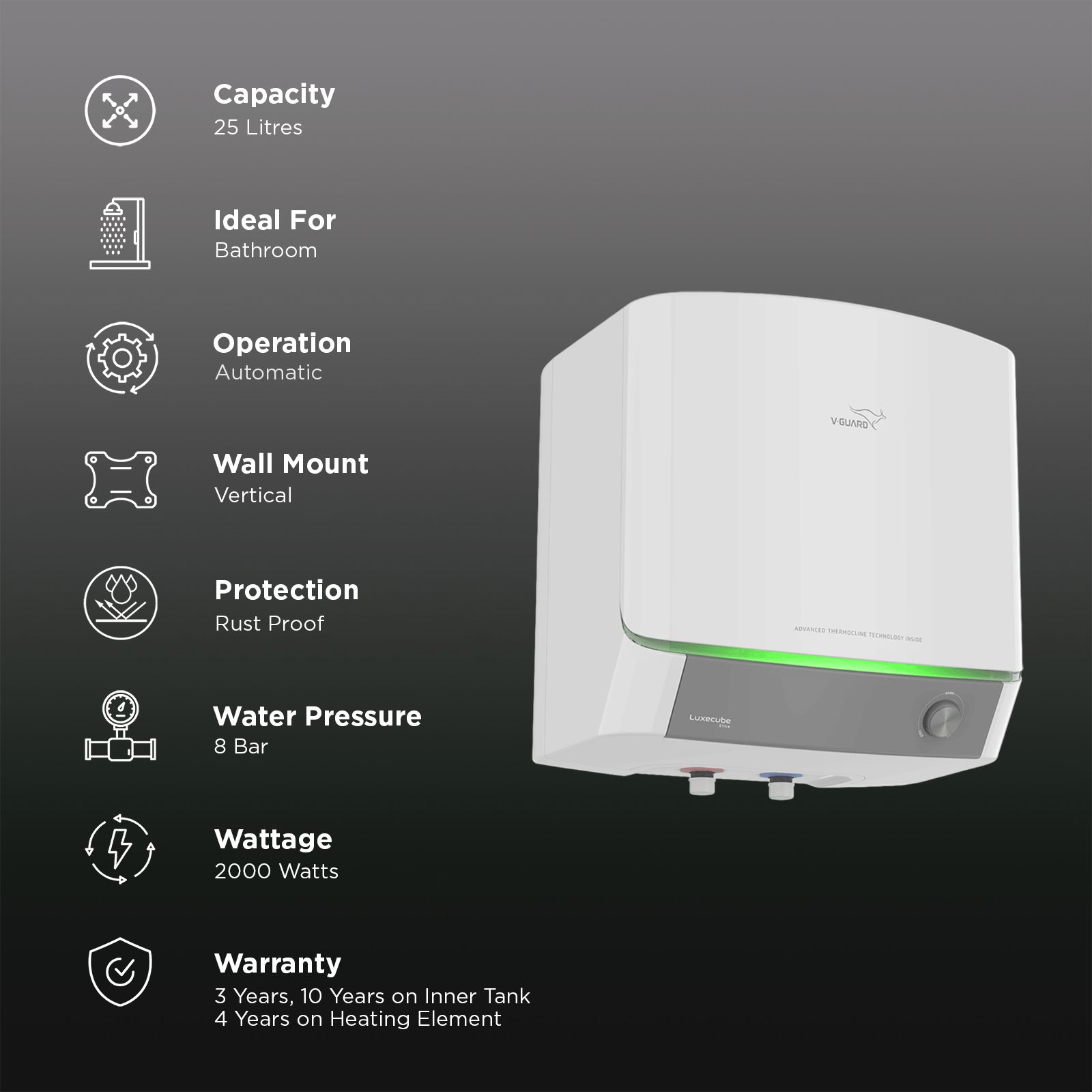 V-GUARD LUXECUBE ELITE 25 Litre 5 Star Vertical Storage Water Geyser with Advanced Thermocline Technology (White) V-GUARD LUXECUBE ELITE 25 Litre 5 Star Vertical Storage Water Geyser with Advanced Thermocline Technology (White)_3