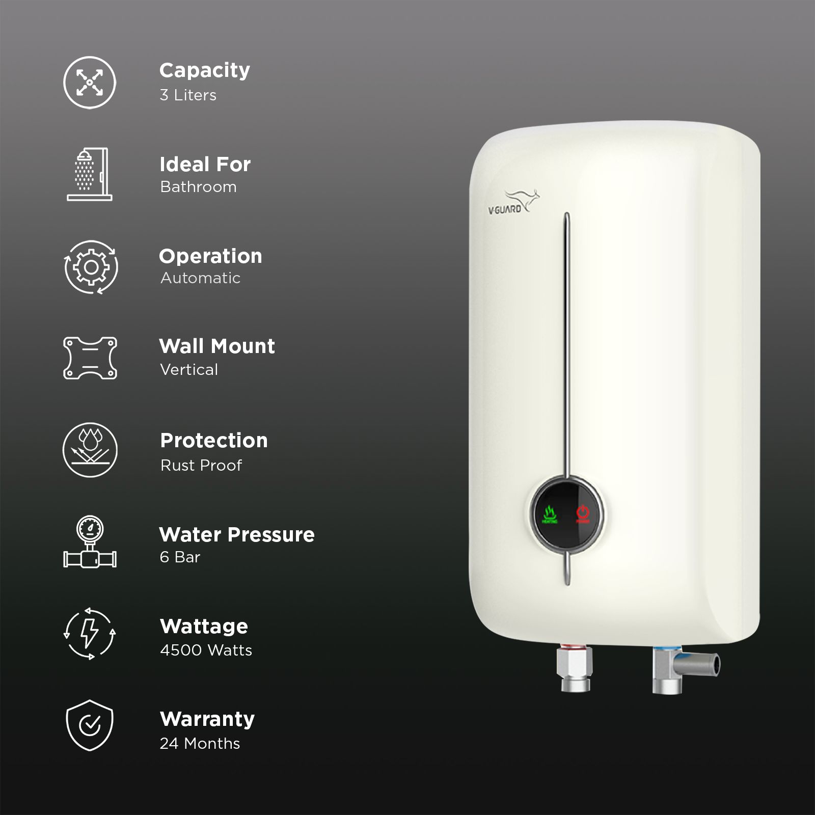 V-GUARD Victo Insta 3 Litre Vertical Instant Geyser with Stainless Steel Tank (White)_3