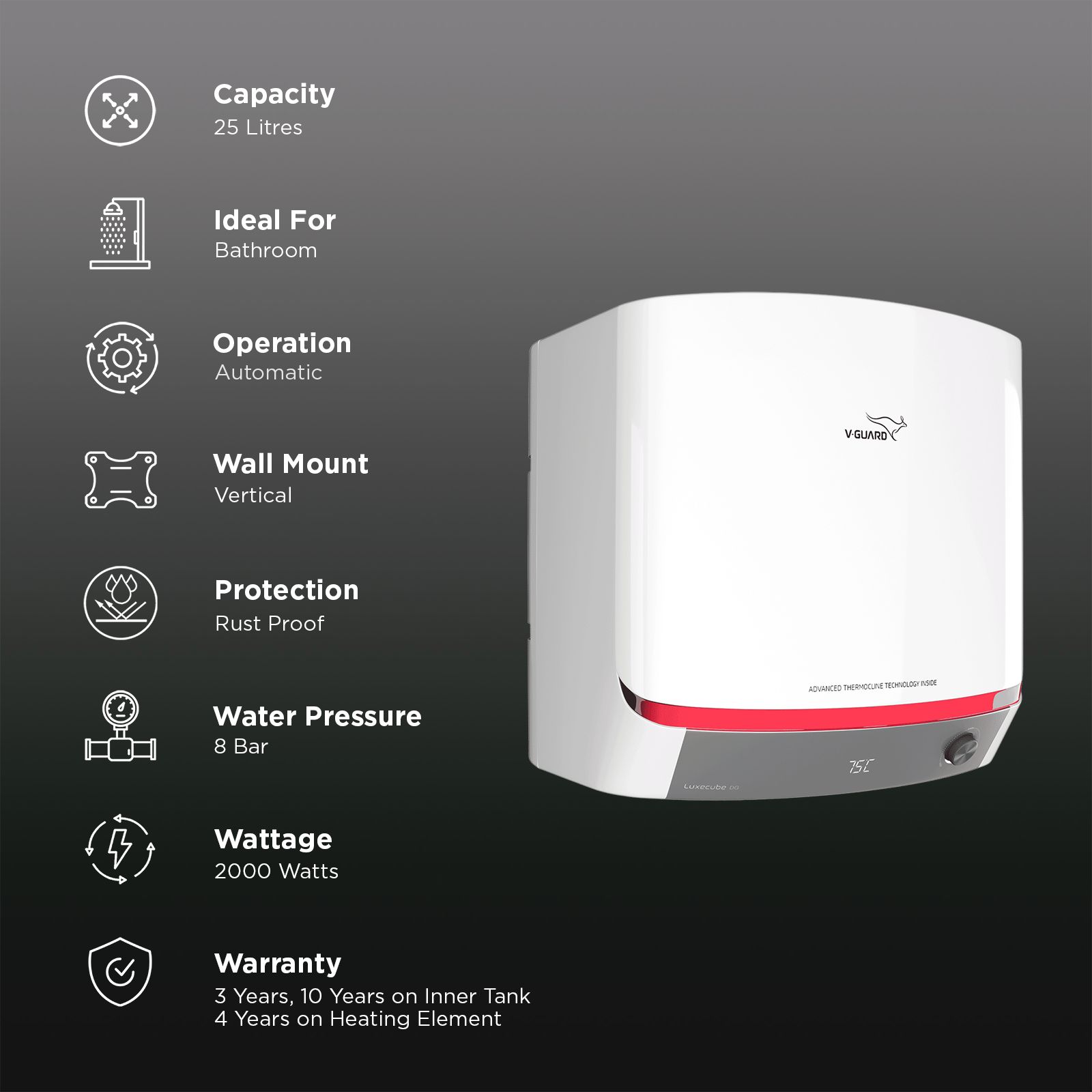 V-GUARD LUXECUBE DG 25 Litre 5 Star Vertical Storage Geyser with Advanced Thermocline Technology (White) V-GUARD LUXECUBE DG 25 Litre 5 Star Vertical Storage Geyser with Advanced Thermocline Technology (White)_3