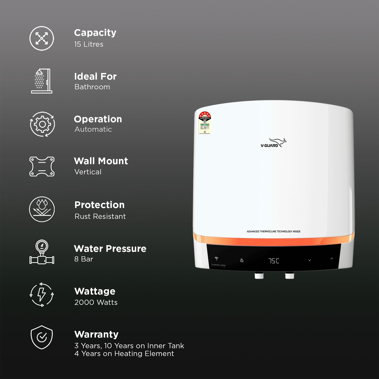 V-GUARD LUXECUBE SMART 15 Litre 5 Star Vertical Smart Geyser with Alexa & Google Assistant Compatibilty (White)_3