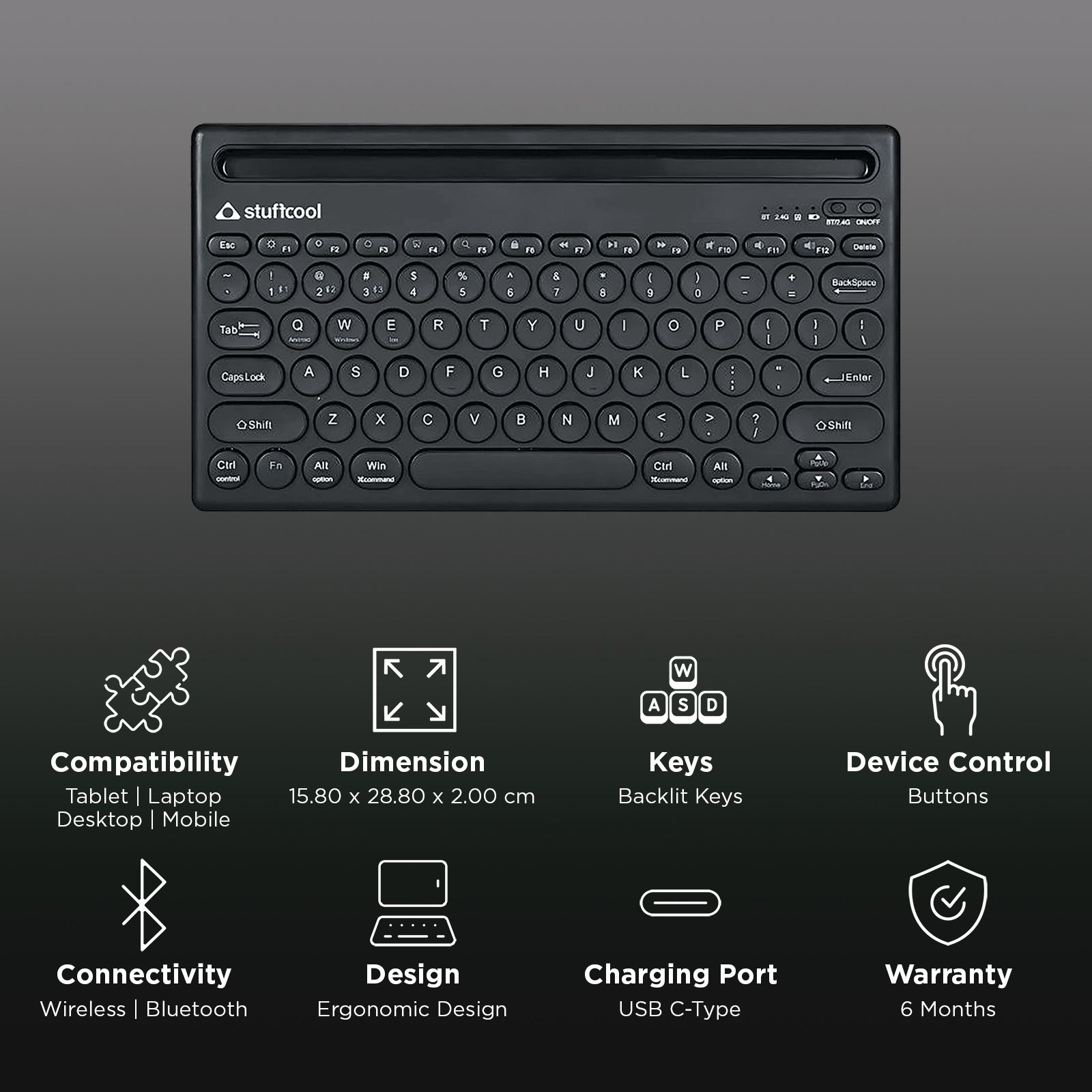 stuffcool BK-720 Rechargeable Bluetooth Wireless Keyboard with LED Indicator (Multi Device Connection, Black)_2