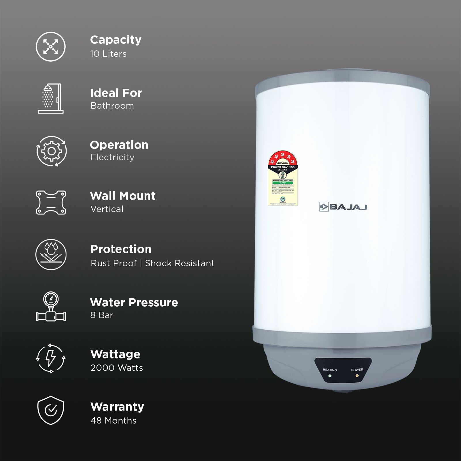 BAJAJ Shield Crest Plus 10 Litre 5 Star Vertical Storage Geyser with Swirlflow Technology (White & Grey) BAJAJ Shield Crest Plus 10 Litre 5 Star Vertical Storage Geyser with Swirlflow Technology (White & Grey)_3