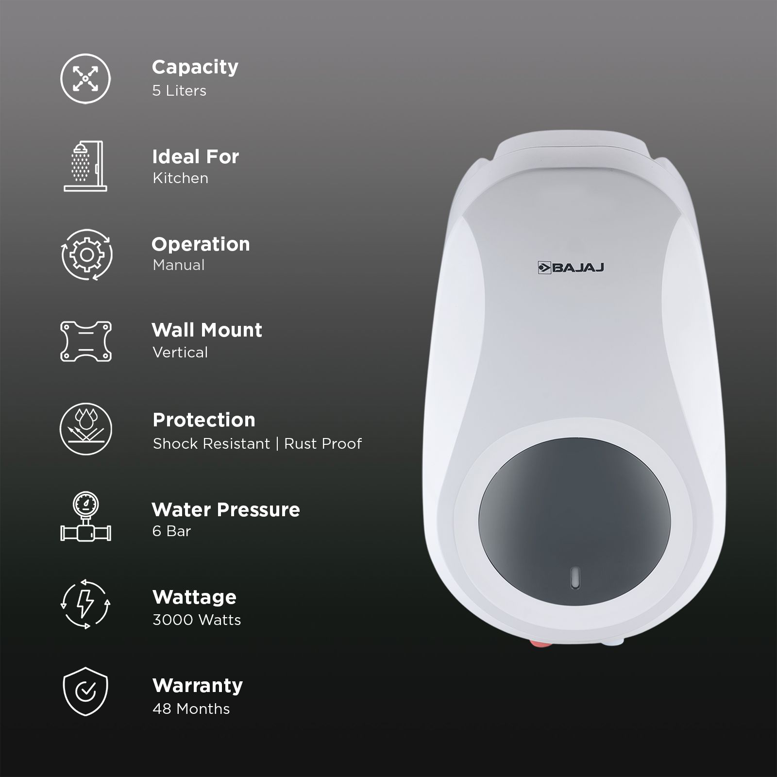 BAJAJ Shield Verre Plus 5 Litre Vertical Instant Geyser with Multiple Safety System (White & Gray) BAJAJ Shield Verre Plus 5 Litre Vertical Instant Geyser with Multiple Safety System (White & Gray)_3