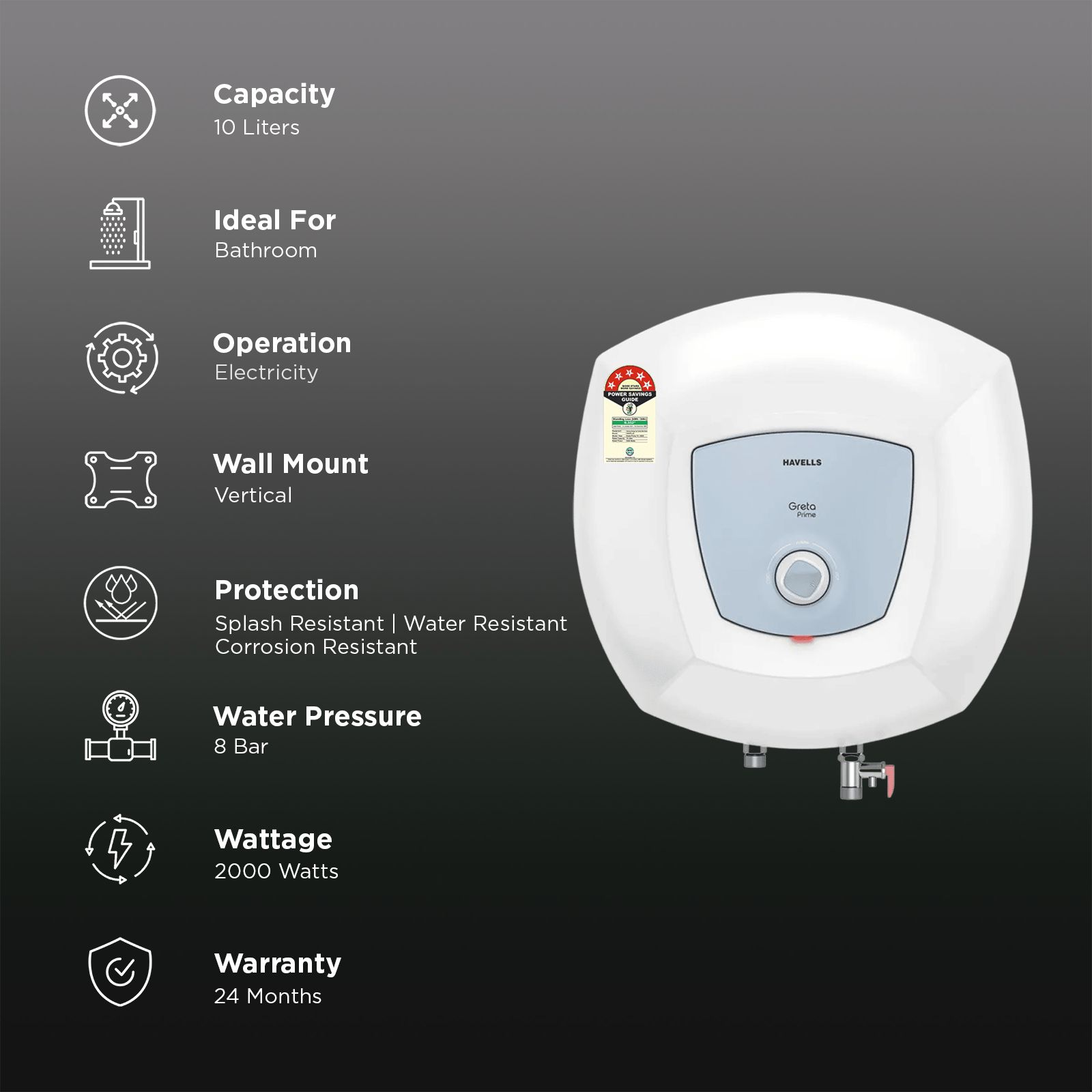 HAVELLS Greta Prime 10 Litre 5 Star Vertical Storage Geyser with Whirlflow Technology (White & Blue) HAVELLS Greta Prime 10 Litre 5 Star Vertical Storage Geyser with Whirlflow Technology (White & Blue)_3