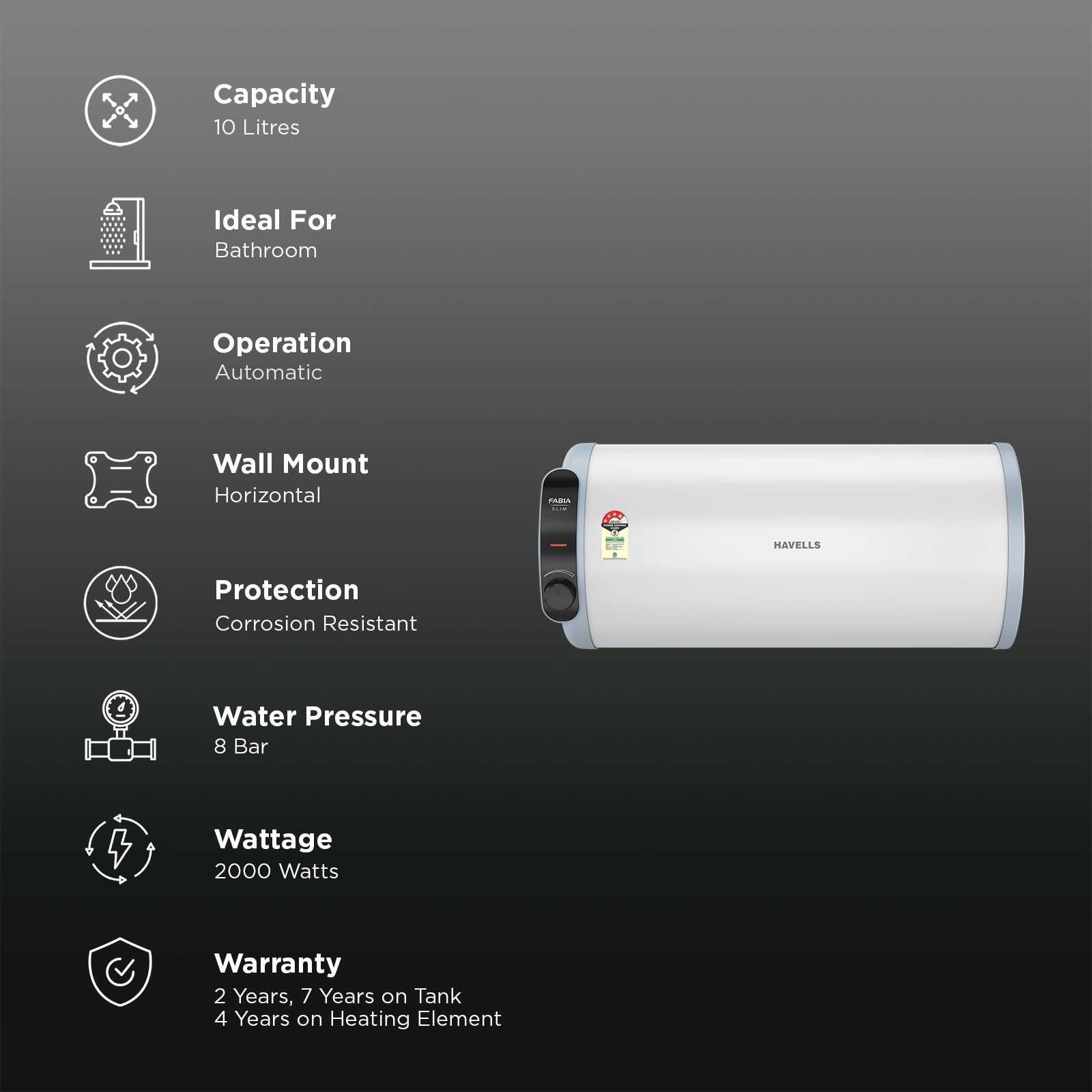 HAVELLS Fabia Slim LH 10 Litre 4 Star Horizontal Storage Geyser with Whirlflow Technology (White & Blue) HAVELLS Fabia Slim LH 10 Litre 4 Star Horizontal Storage Geyser with Whirlflow Technology (White & Blue)_3