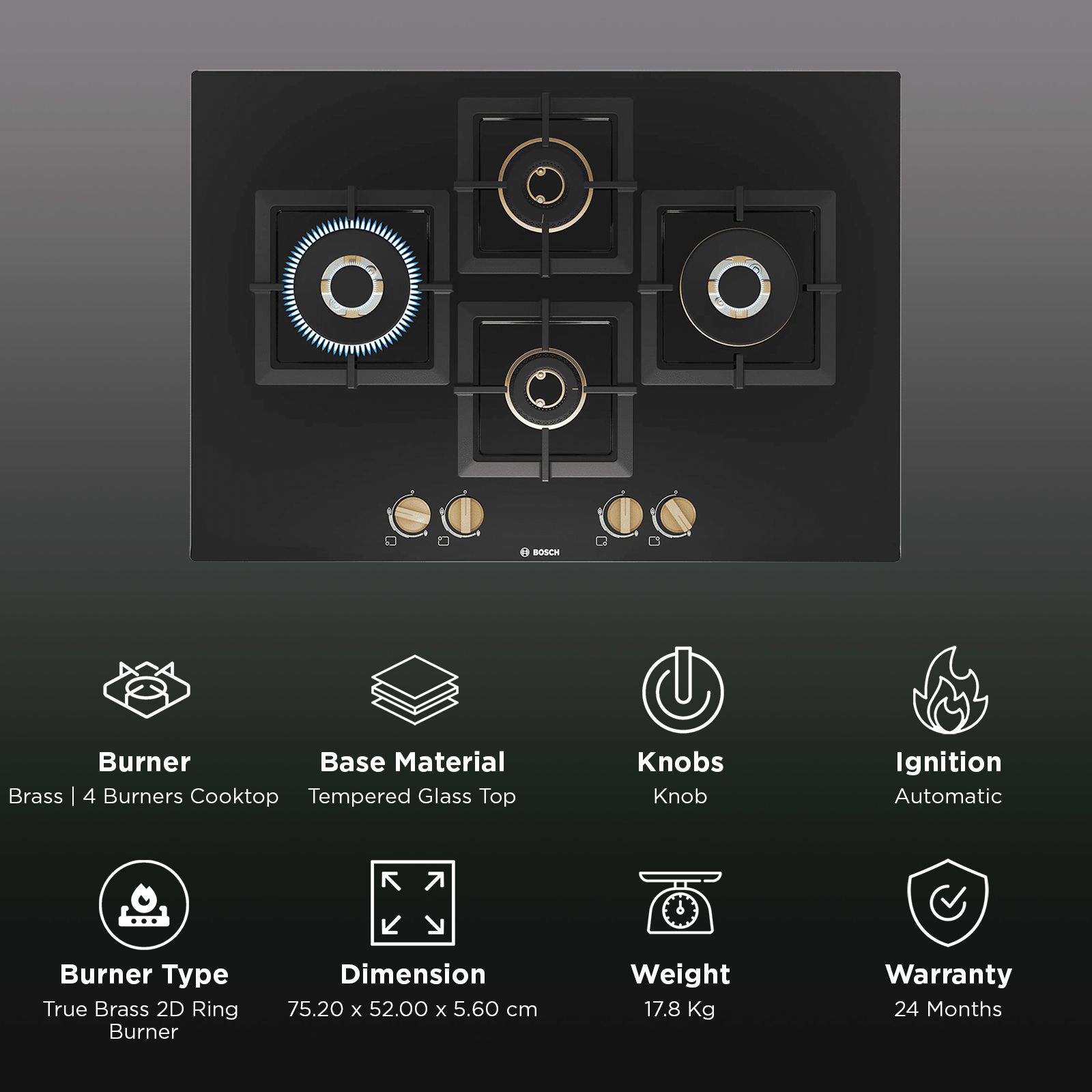 BOSCH Series 6 Tempered Glass Top 4 Burner Automatic Hob (Flame Failure Safety Device, Black) BOSCH Series 6 Tempered Glass Top 4 Burner Automatic Hob (Flame Failure Safety Device, Black)_3