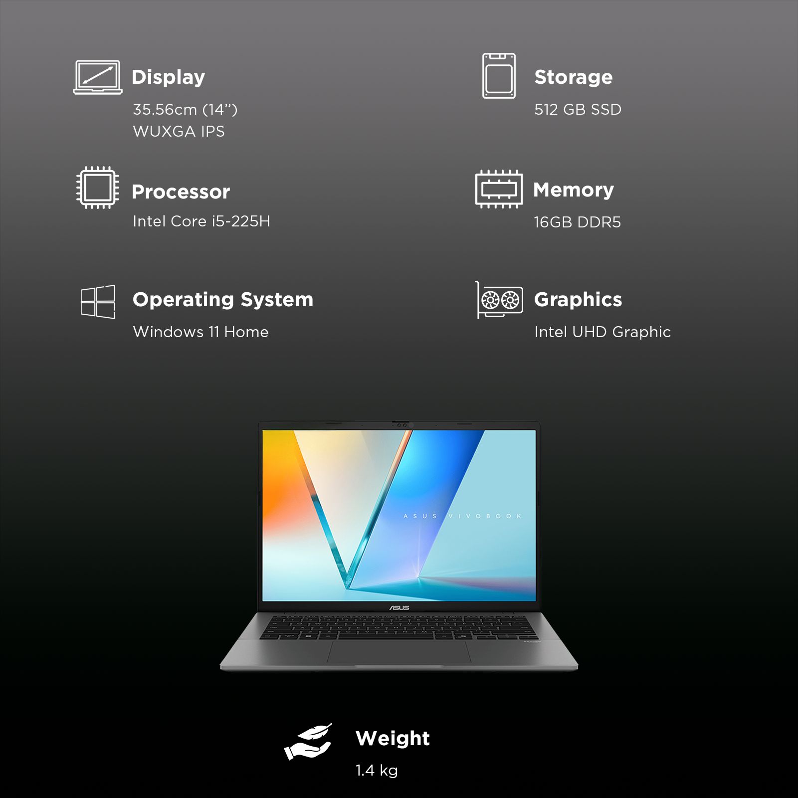 ASUS Vivobook S14 S3407CA-LY057WS Intel Core Ultra 5 Thin & Light Laptop (16GB, 512GB SSD, Windows 11, 14 inch WUXGA IPS Display, MS Office 2024, Matte Gray, 1.40 KG)_3