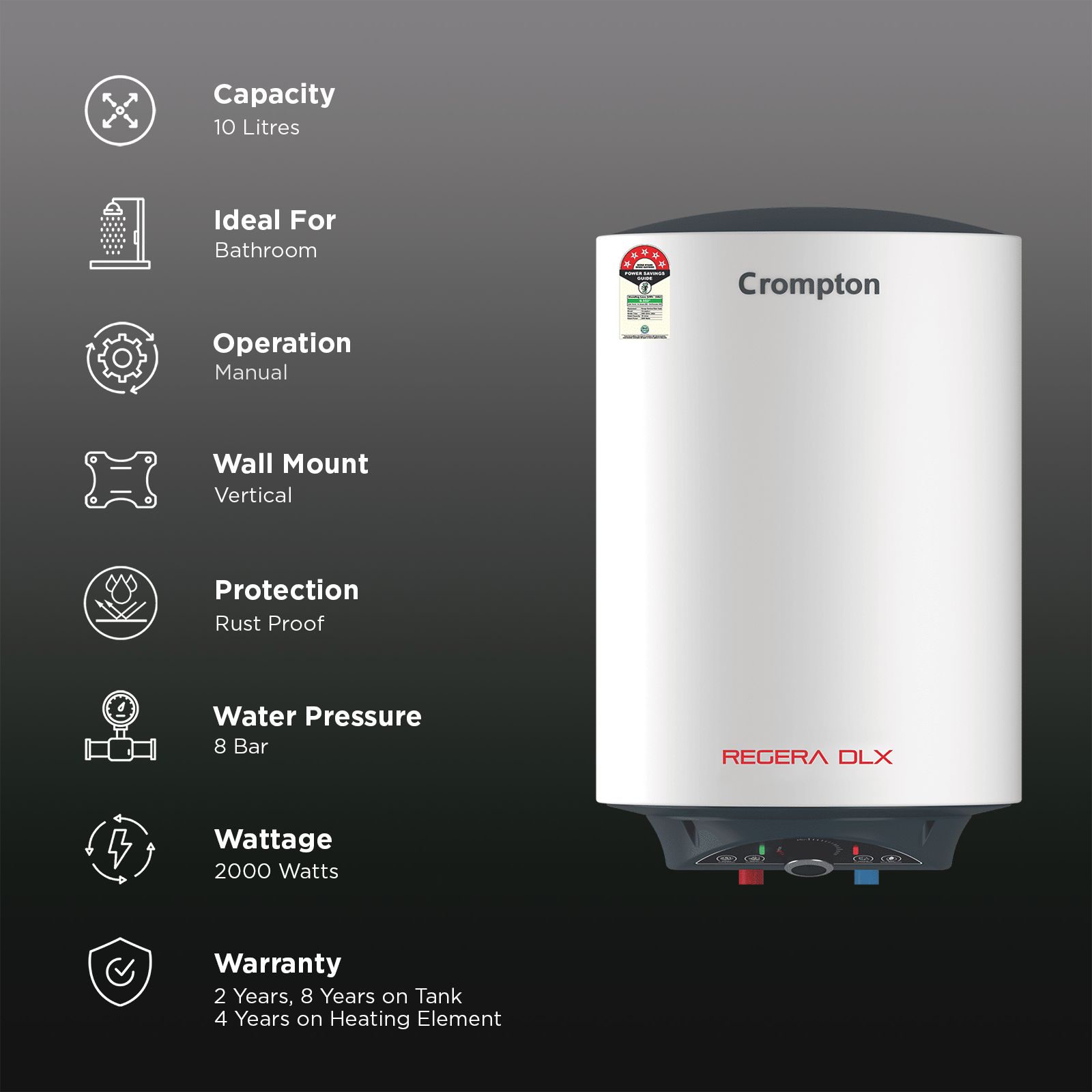 Crompton Regera DLX 10 Litre 5 Star Vertical Storage Geyser with Anti Scale Technology (Blue & White)_3