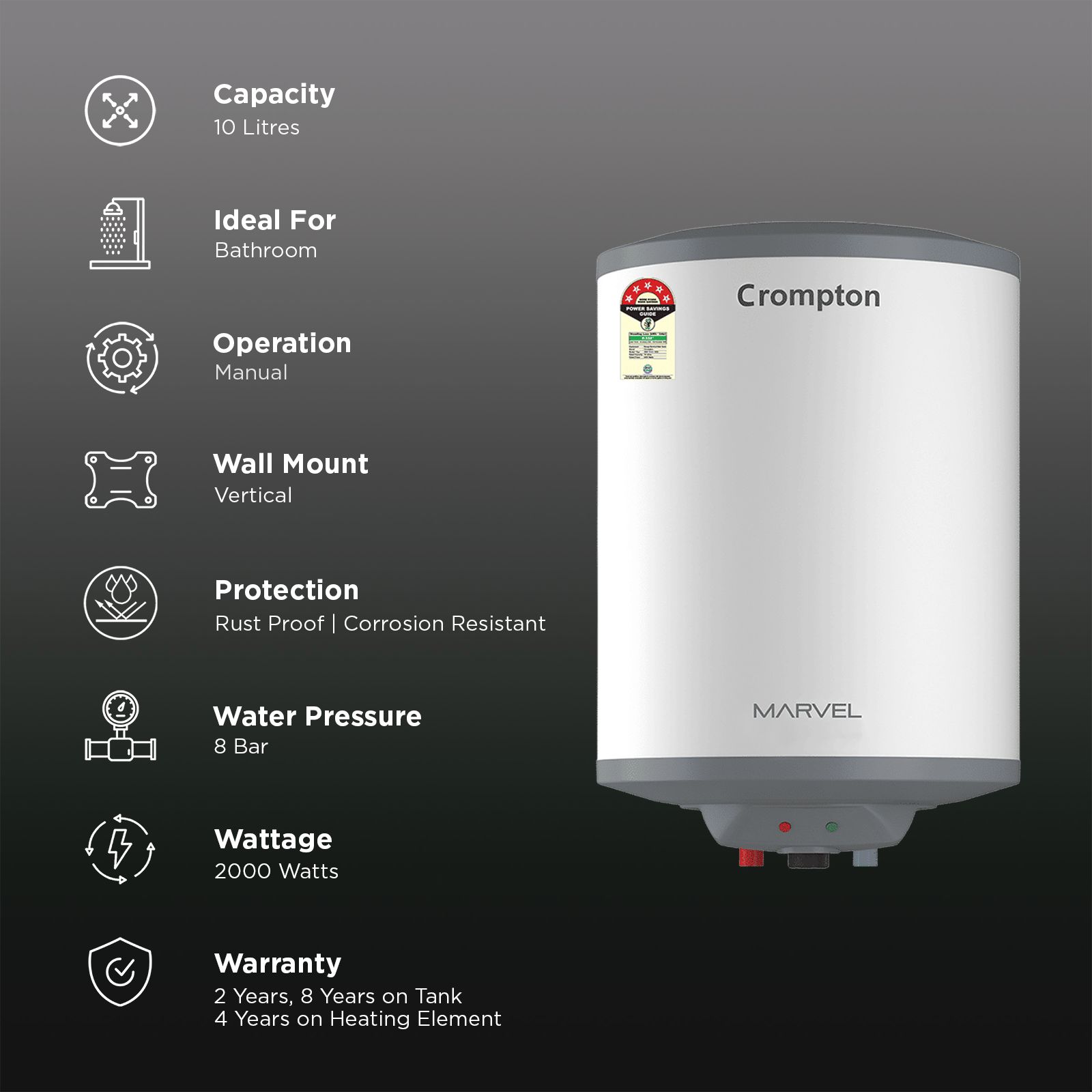 Crompton Marvel 10 Litre Vertical Storage Geyser with Anti-Scale Technology (White) Crompton Marvel 10 Litre Vertical Storage Geyser with Anti-Scale Technology (White)_3