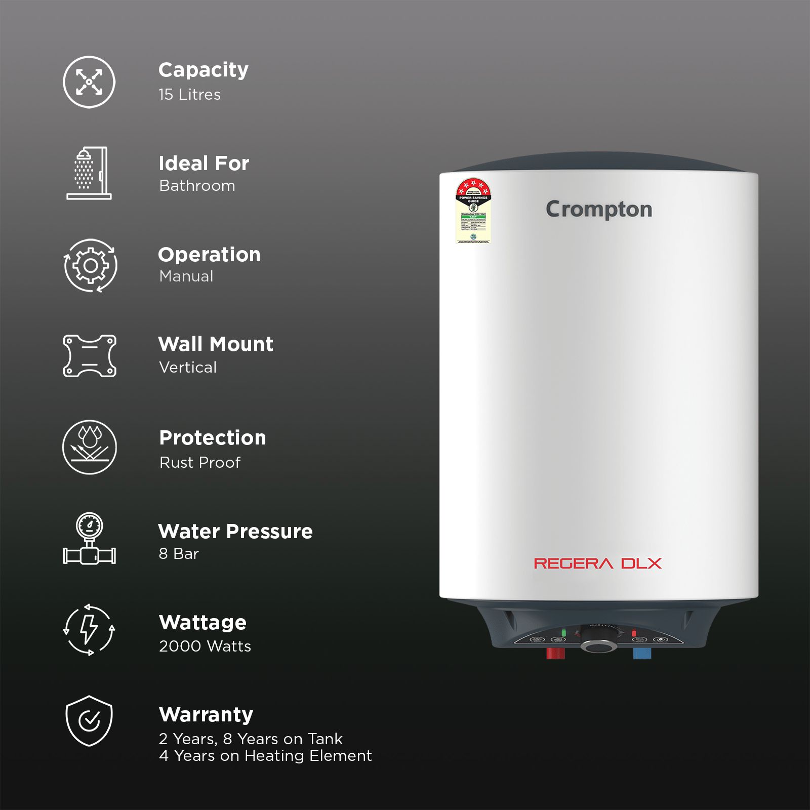 Crompton Regera DLX 15 Litre 5 Star Vertical Storage Geyser with Anti Scale Technology (Blue & White)_3