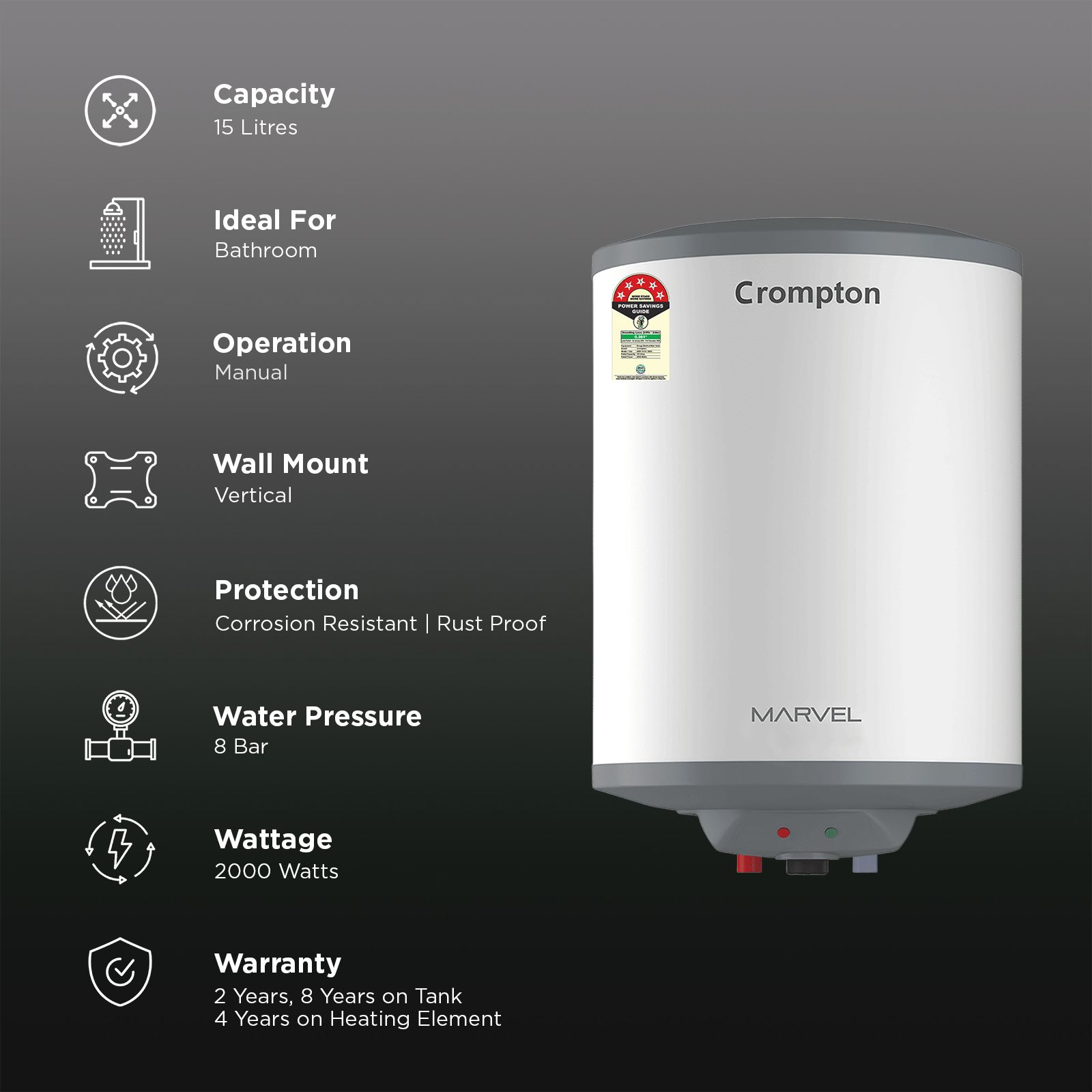 Crompton Marvel 15 Litre Vertical Storage Geyser with Anti-Scale Technology (White) Crompton Marvel 15 Litre Vertical Storage Geyser with Anti-Scale Technology (White)_3