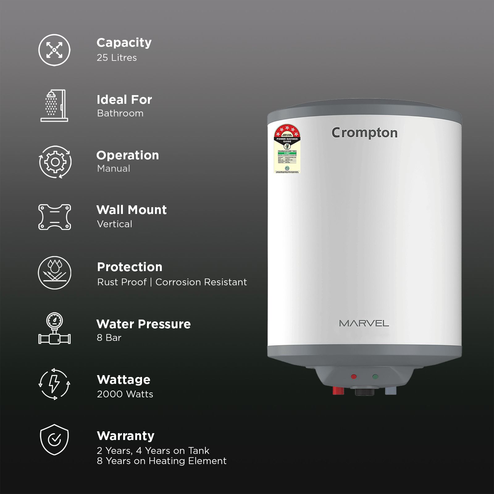 Crompton Marvel 25 Litre Vertical Storage Geyser with Anti-Scale Technology (White) Crompton Marvel 25 Litre Vertical Storage Geyser with Anti-Scale Technology (White)_3