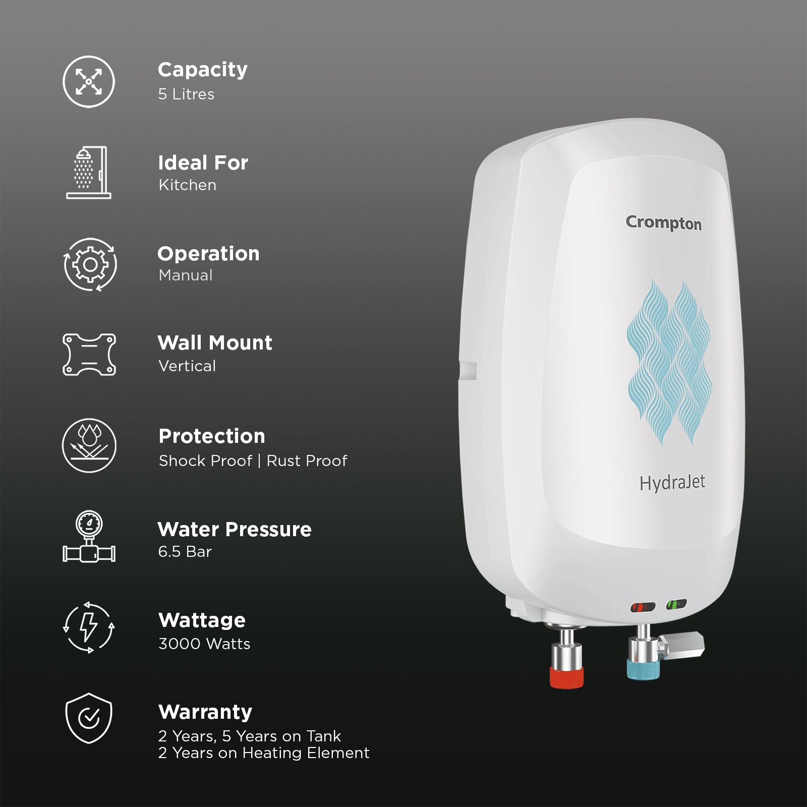 Crompton HydraJet 5 Litre Vertical Instant Geyser with Anti Scale Technology (White) Crompton HydraJet 5 Litre Vertical Instant Geyser with Anti Scale Technology (White)_3