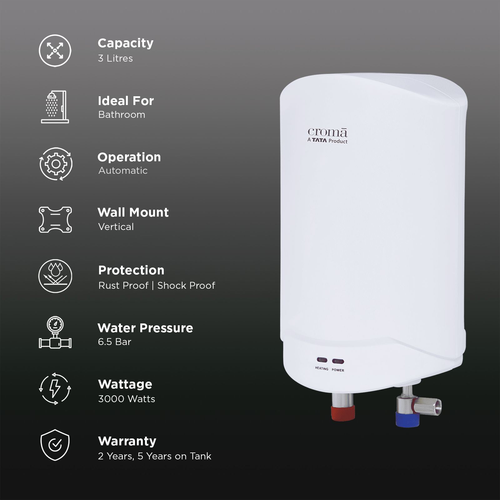 Croma 3 Litre Vertical Instant Geyser with Built-in Thermostat (2025 Model, White)_3