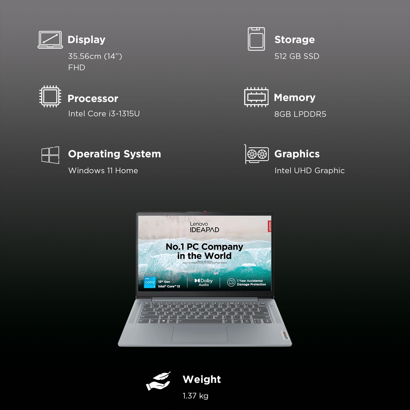 Lenovo IdeaPad Slim 3 14IRU8 Intel Core i3 13th Gen Thin & Light Laptop (8GB, 512GB SSD, Windows 11 Home, 14 inch Full HD Display, MS Office Home 2024, Arctic Grey, 1.37 KG)_3