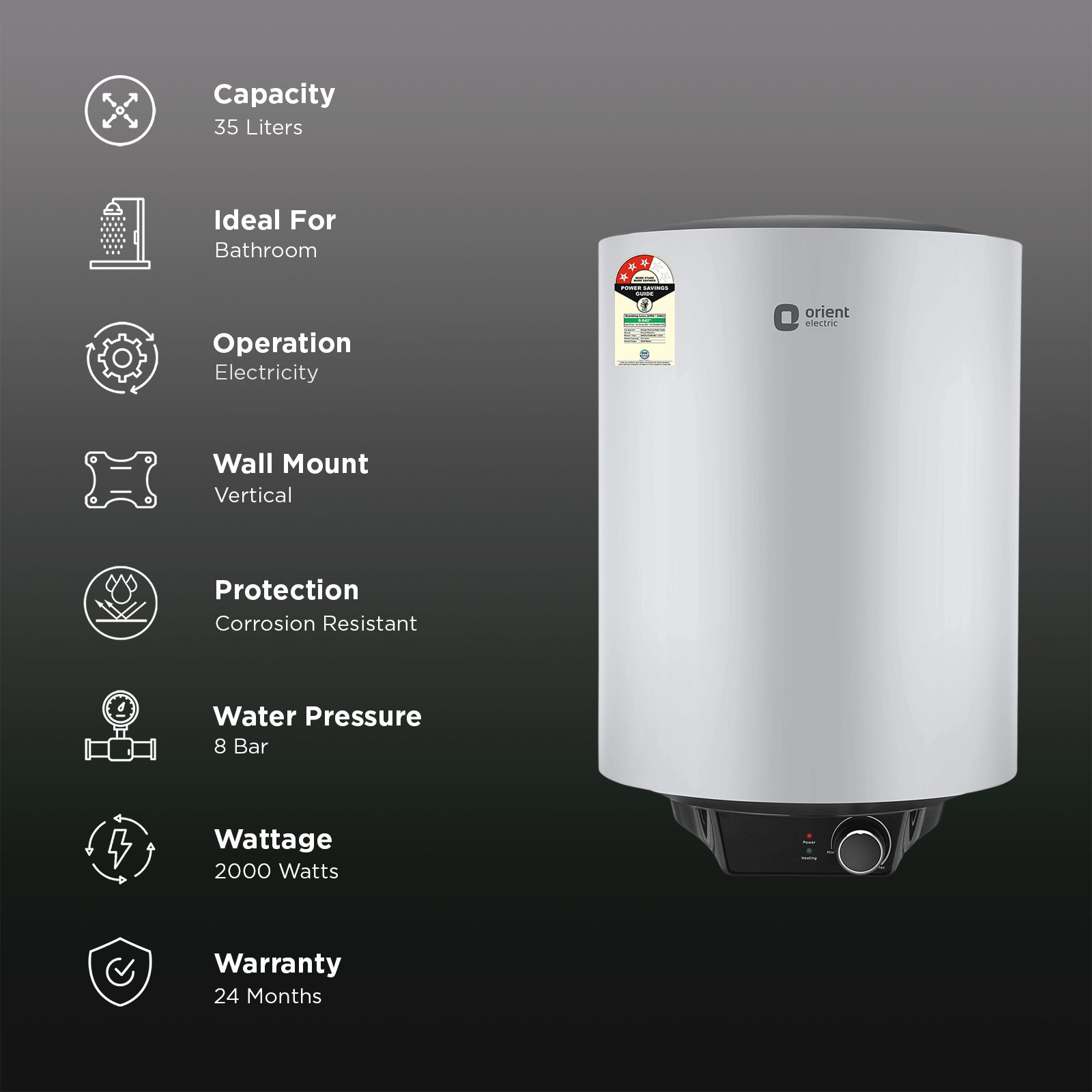 Orient Maverick 35 Litres 3 Star Vertical Storage Geyser with Longer Heat Retention (Grey)_3