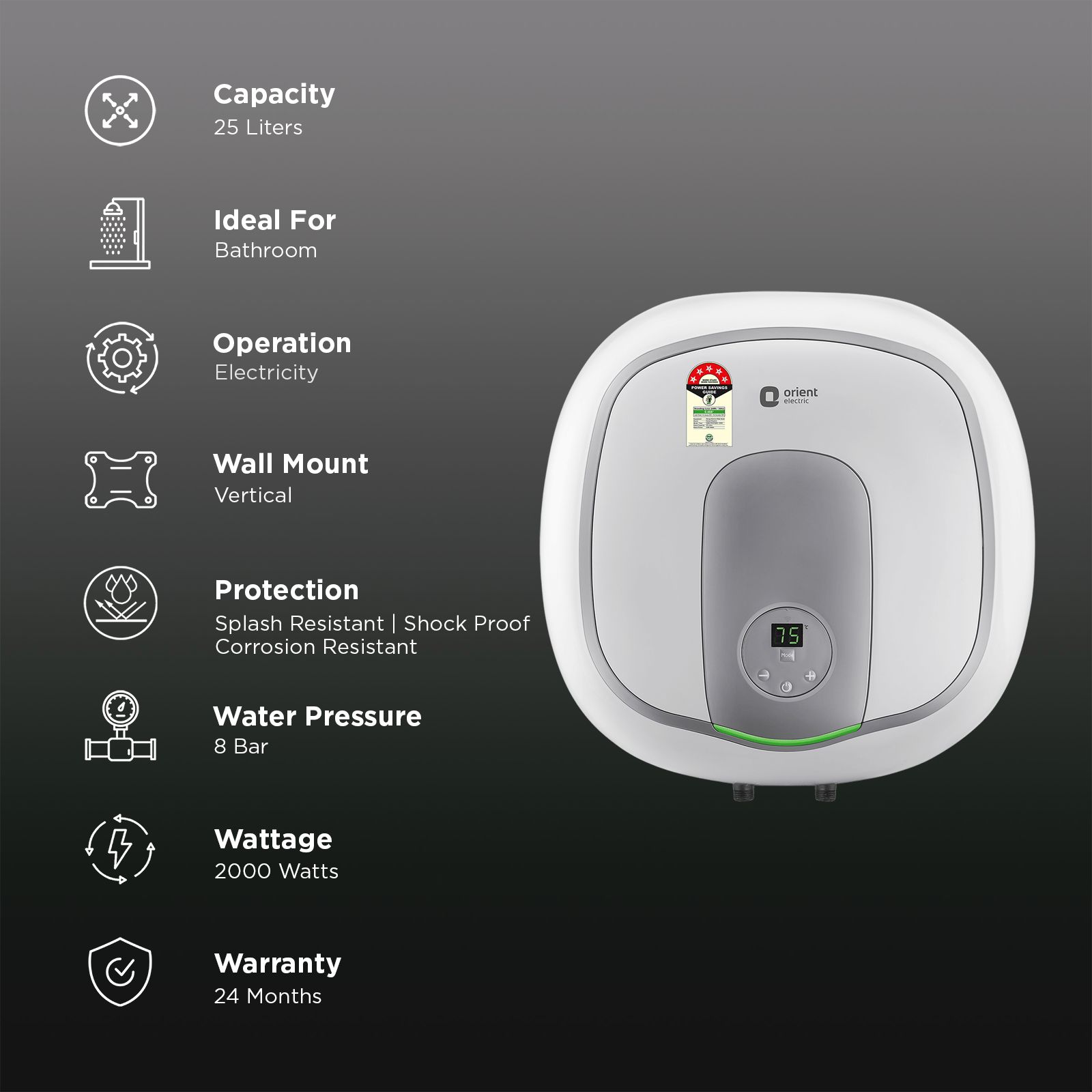 Orient Aquator IoT 25 Litres 5 Star Vertical Storage Geyser with Whirlflow Technology (White) Orient Aquator IoT 25 Litres 5 Star Vertical Storage Geyser with Whirlflow Technology (White)_3