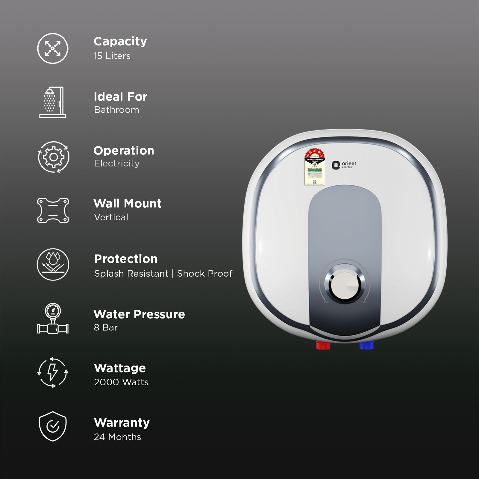 Orient Aquator 15 Litre 5 Star Vertical Storage Geyser with Whirlflow Technology (White) Orient Aquator 15 Litre 5 Star Vertical Storage Geyser with Whirlflow Technology (White)_3