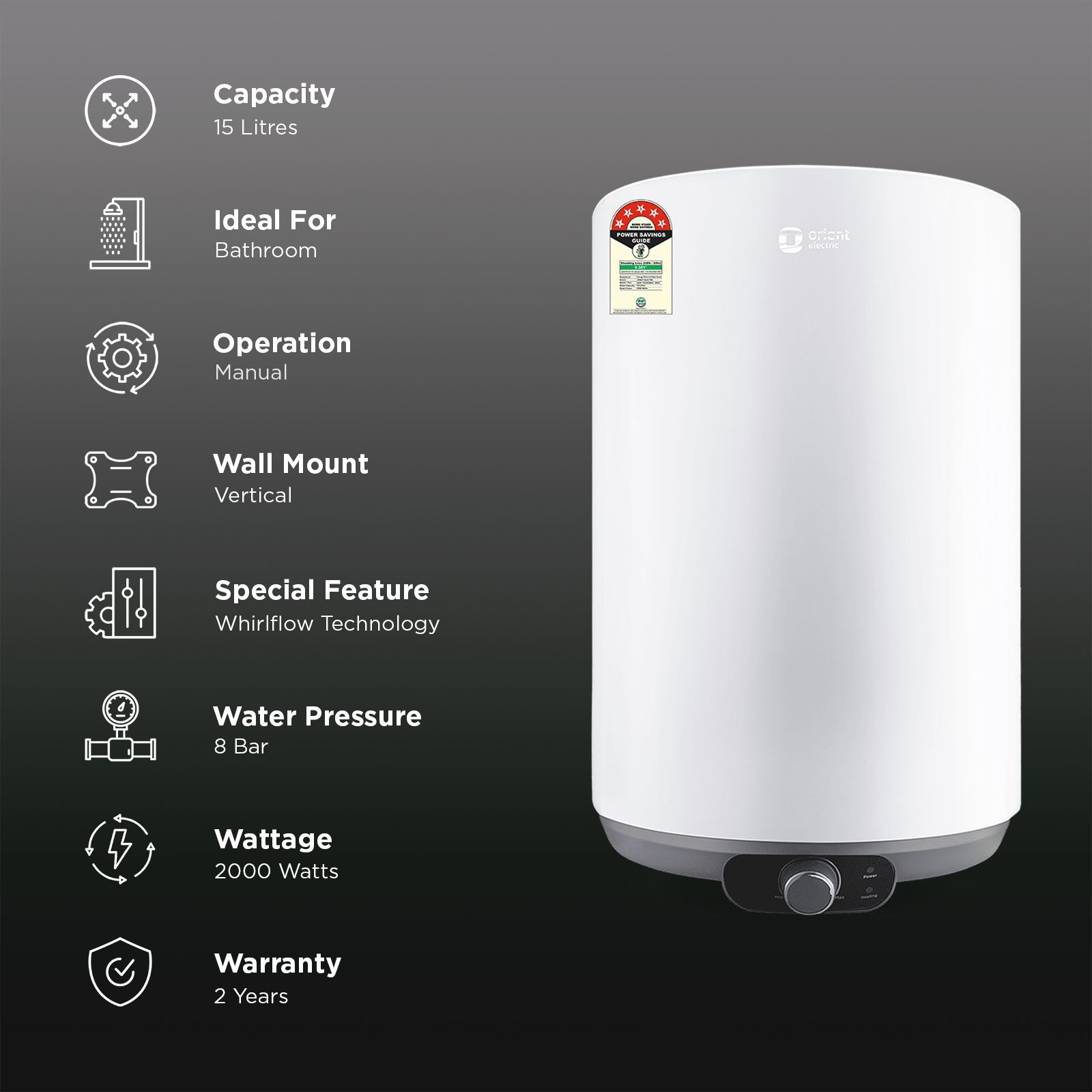 Orient Aquanova 15 Litre 5 Star Vertical Storage Geyser with Whirlflow Technology (White) Orient Aquanova 15 Litre 5 Star Vertical Storage Geyser with Whirlflow Technology (White)_3