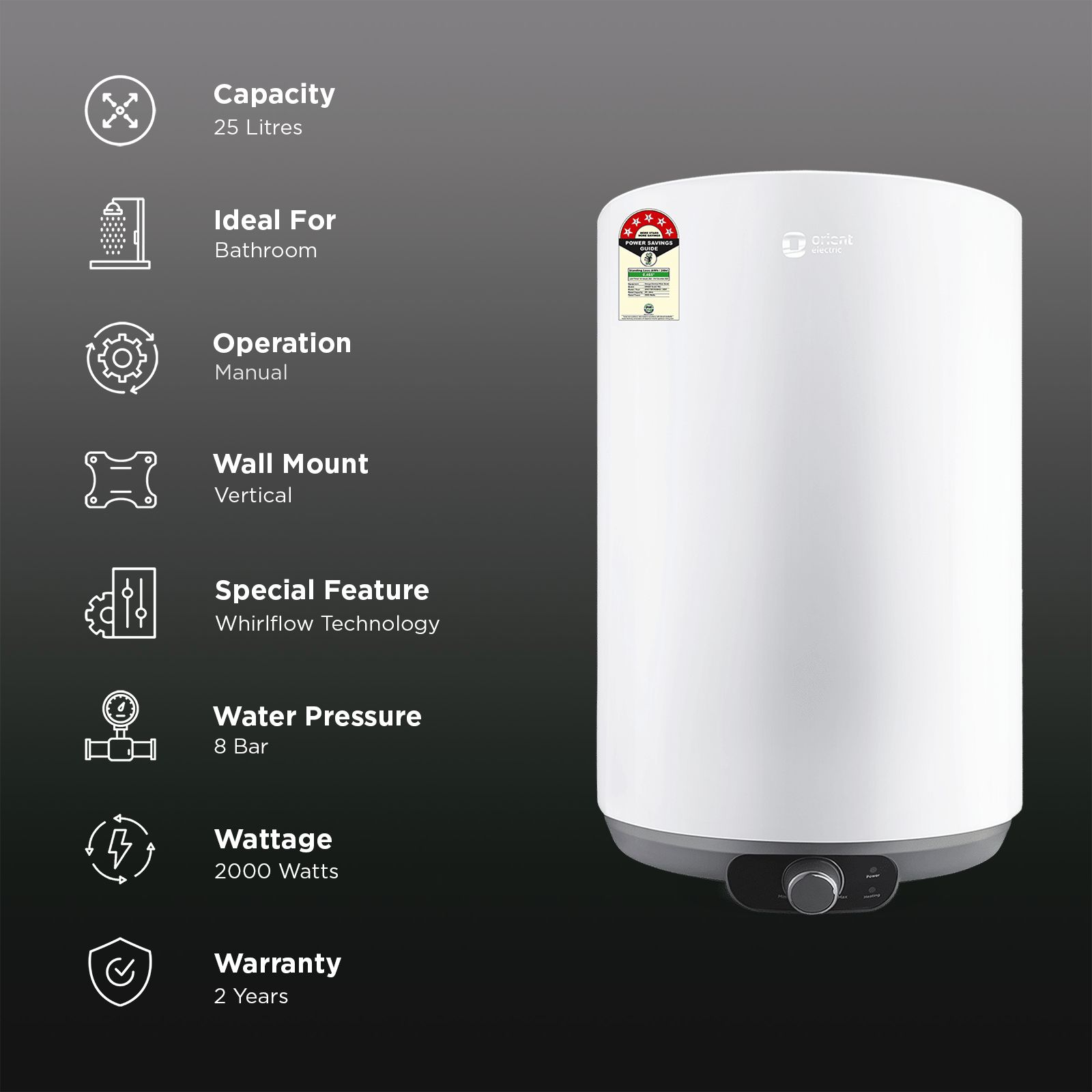 Orient Aquanova 25 Litre 5 Star Vertical Storage Geyser with Whirlflow Technology (White) Orient Aquanova 25 Litre 5 Star Vertical Storage Geyser with Whirlflow Technology (White)_3