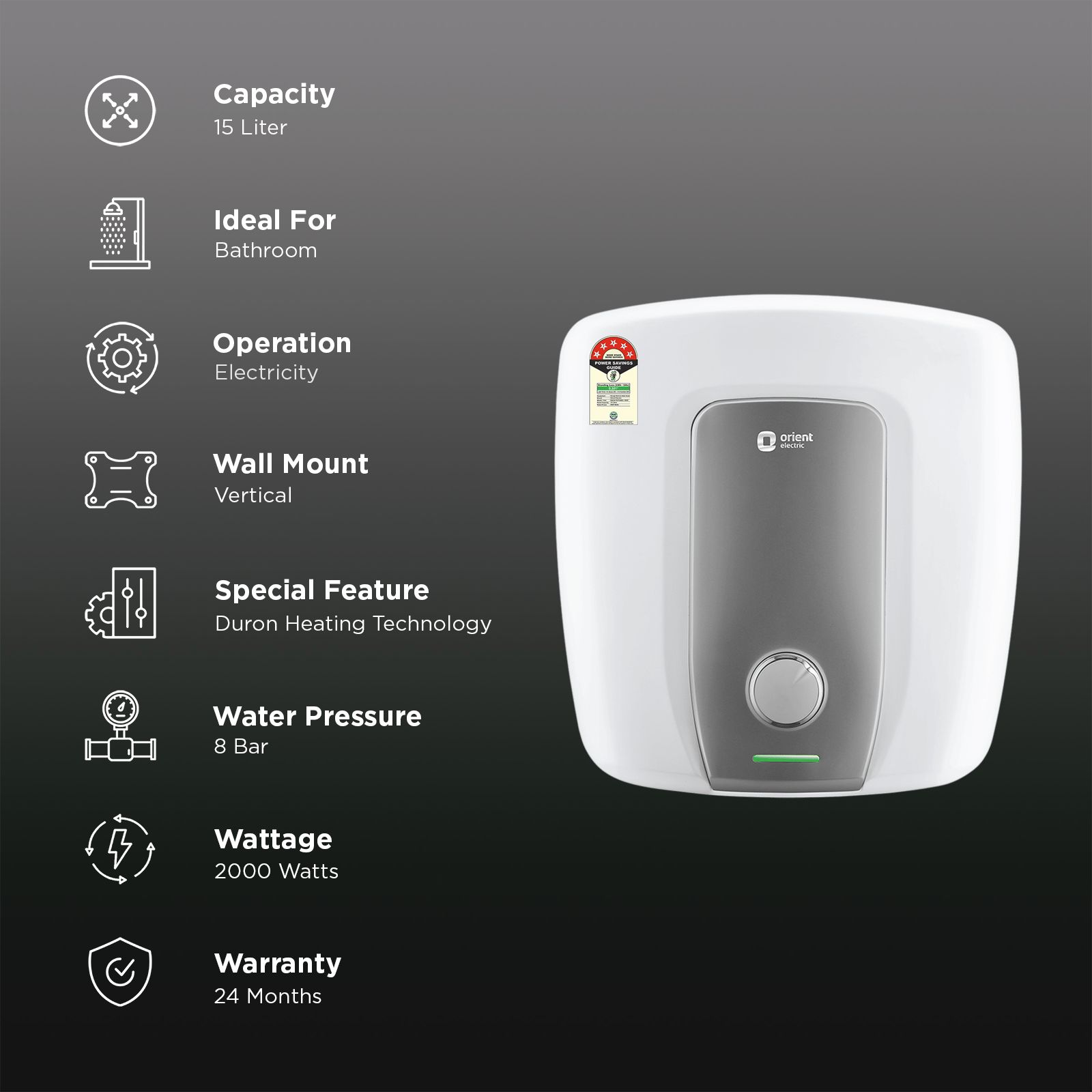 Orient Aquator Neo 15 Litre 5 Star Vertical Storage Geyser with Duron Heating Technology (White) Orient Aquator Neo 15 Litre 5 Star Vertical Storage Geyser with Duron Heating Technology (White)_3
