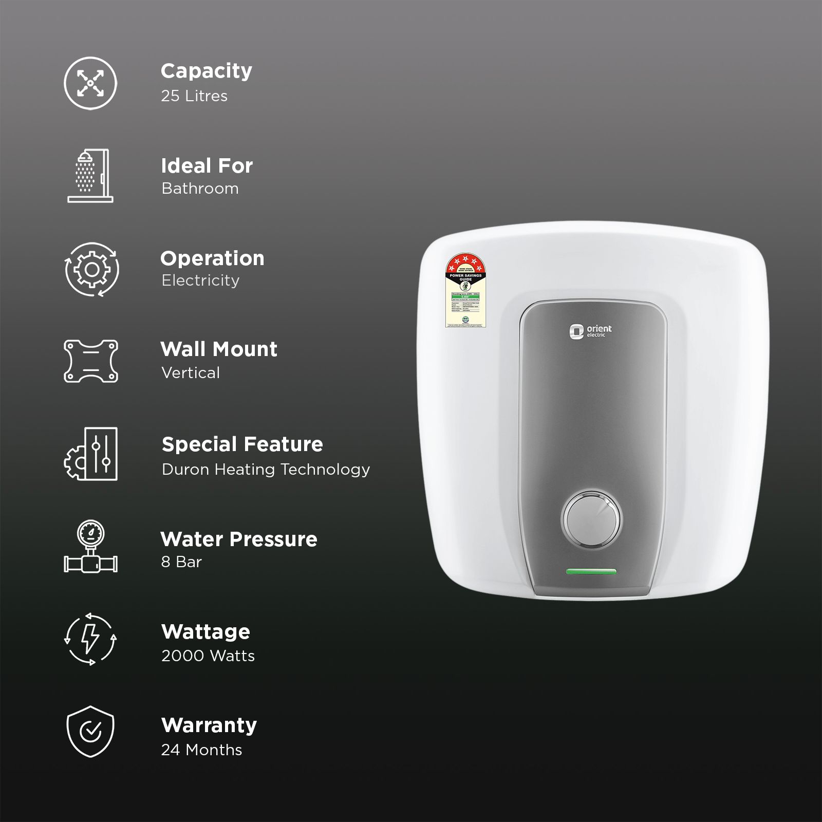Orient Aquator Neo 25 Litre 5 Star Vertical Storage Geyser with Duron Heating Technology (White)_3