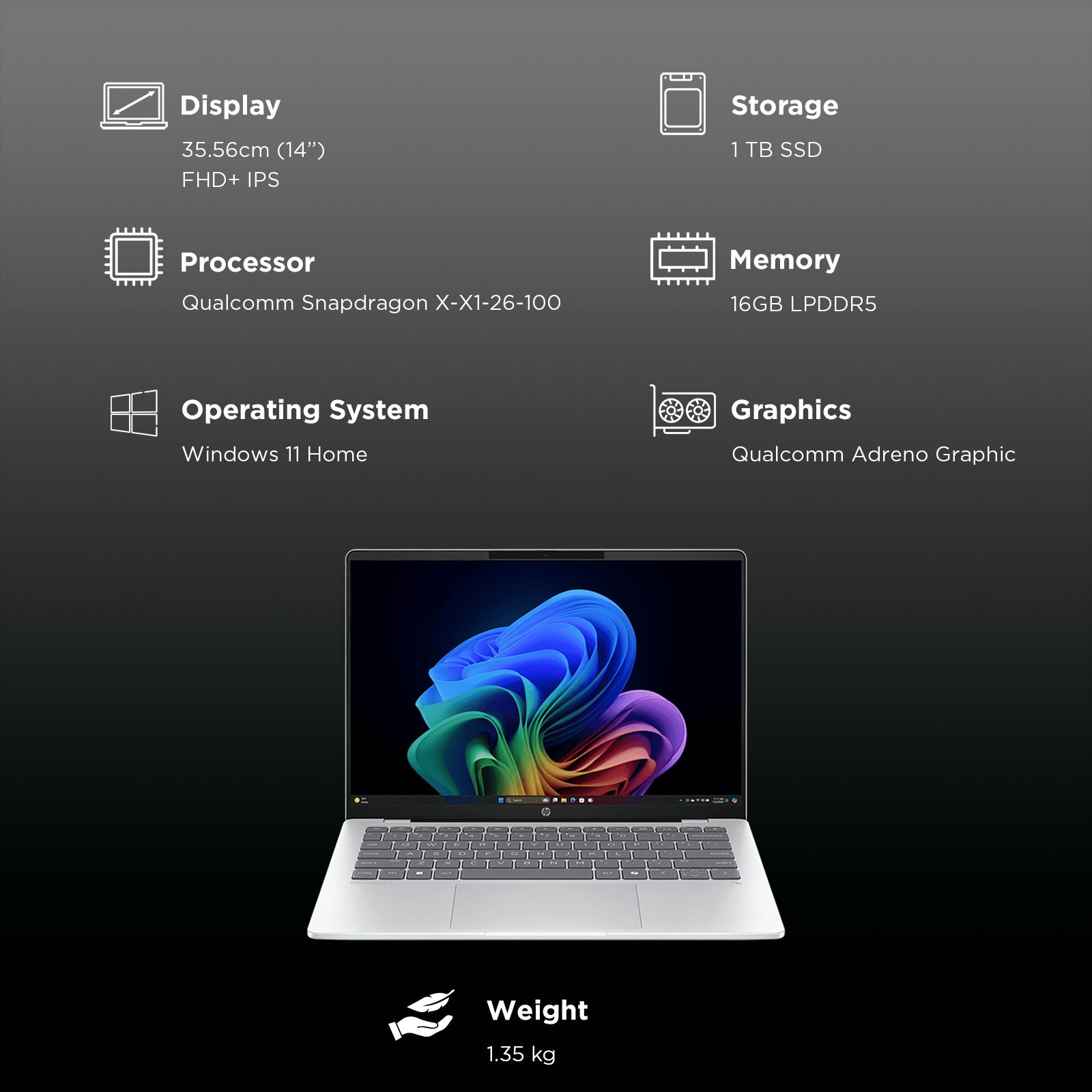 HP OmniBook 5 14-he0015QU Qualcomm Snapdragon X Thing & Light Laptop (16GB, 1TB SSD, Windows 11 Home, 14 inch 2K OLED Display, MS Office Home 2024, Glacier Silver, 1.35 KG)_3