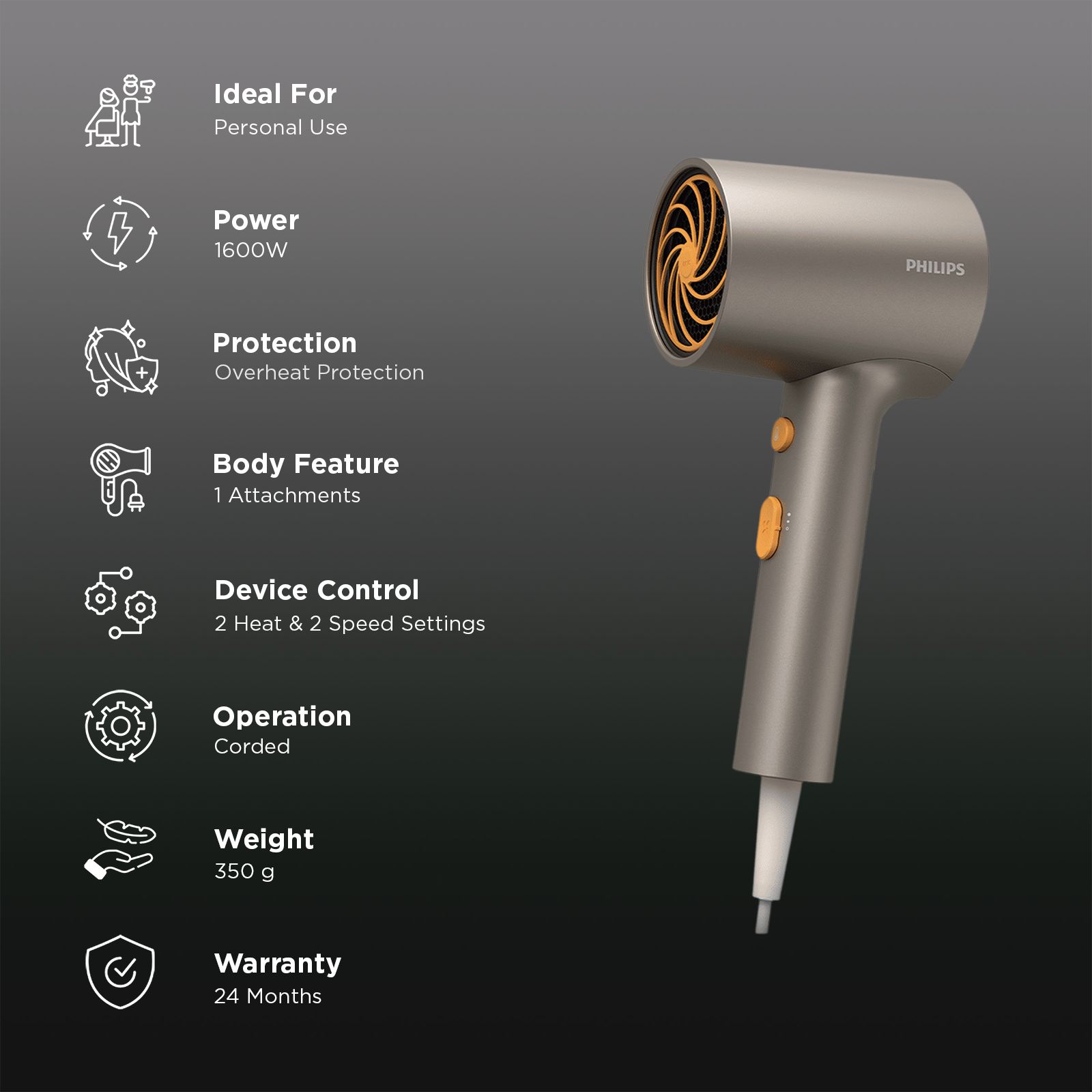 PHILIPS BHD 3000 Series Hair Dryer with 2 Heat Settings (Ionic Technology, Metalic) PHILIPS BHD 3000 Series Hair Dryer with 2 Heat Settings (Ionic Technology, Metalic)_3