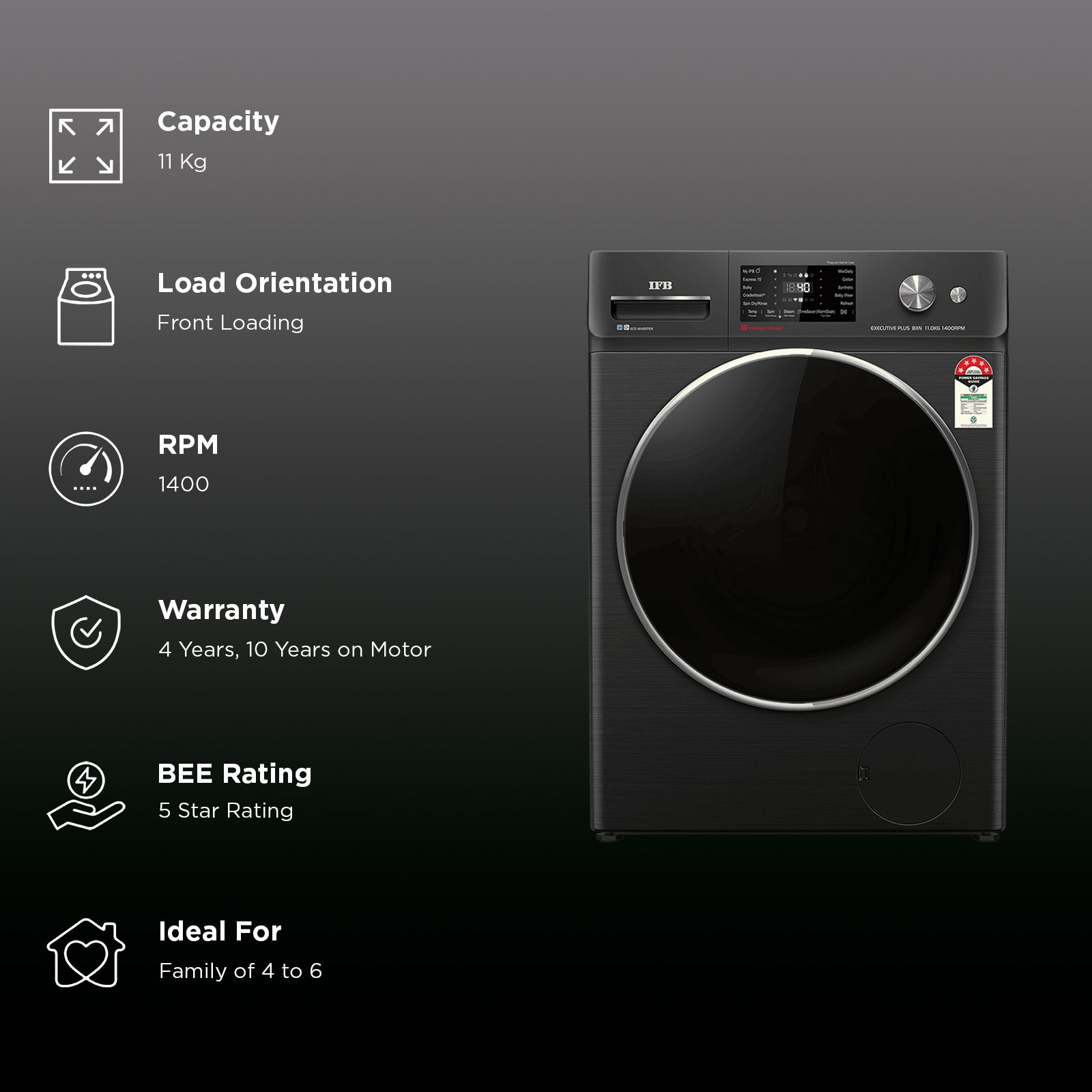 IFB 11 kg 5 Star Wi-Fi Inverter Fully Automatic Front Load Washing Machine (Executive Plus BXN 1114KH, AI Technology, Black VCM) IFB 11 kg 5 Star Wi-Fi Inverter Fully Automatic Front Load Washing Machine (Executive Plus BXN 1114KH, AI Technology, Black VCM)_3