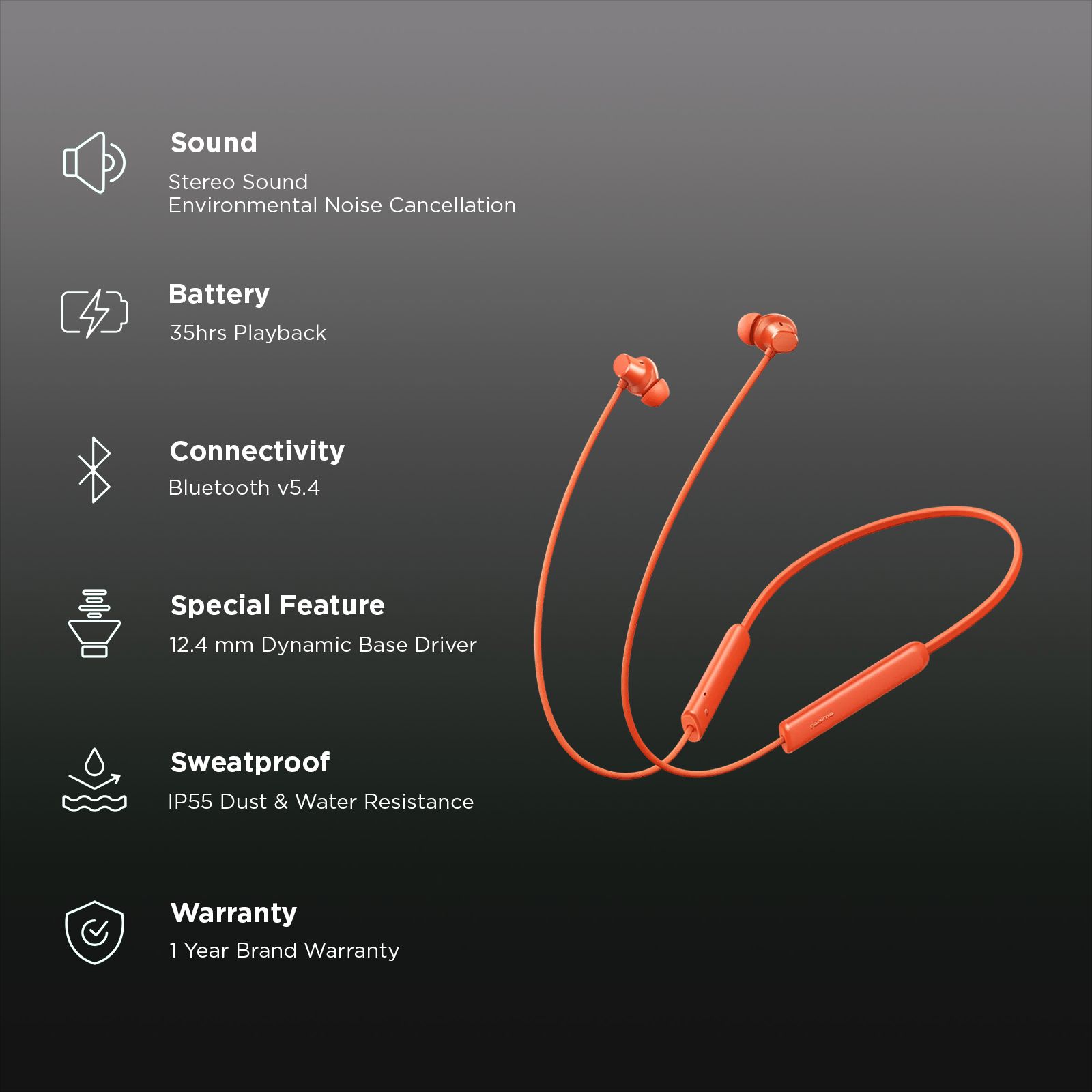 realme Buds Wireless 5 Lite Neckband with Environmental Noise Cancellation (IP55 Dust & Water Resistant, Dual Device Connection, Cyber Orange)_2