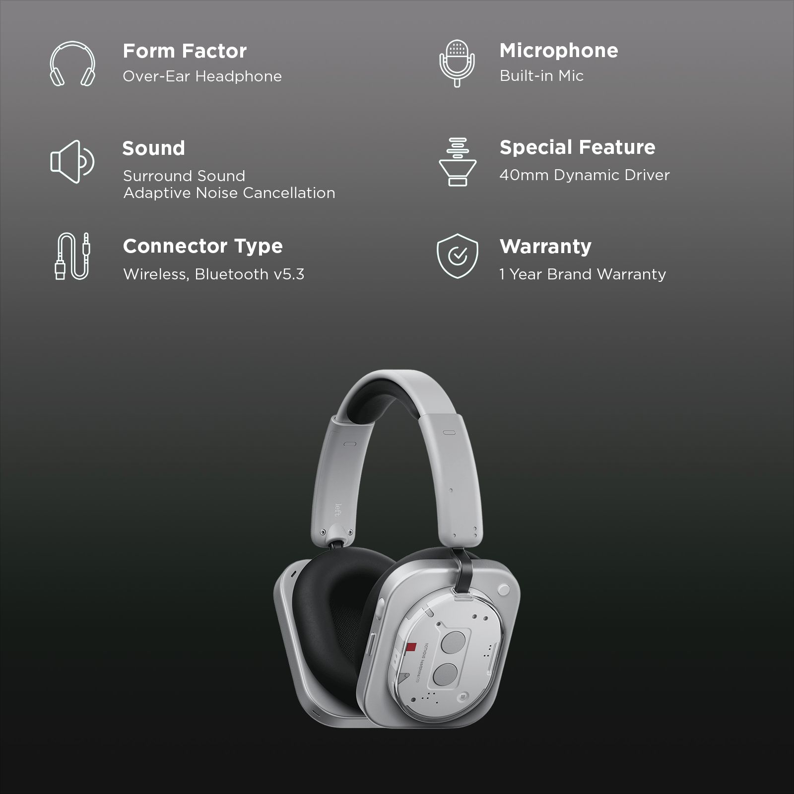 Nothing Headphone (1) A11300005 Bluetooth Headphone with Mic (Real-time Adaptive ANC, Over Ear, White)_2