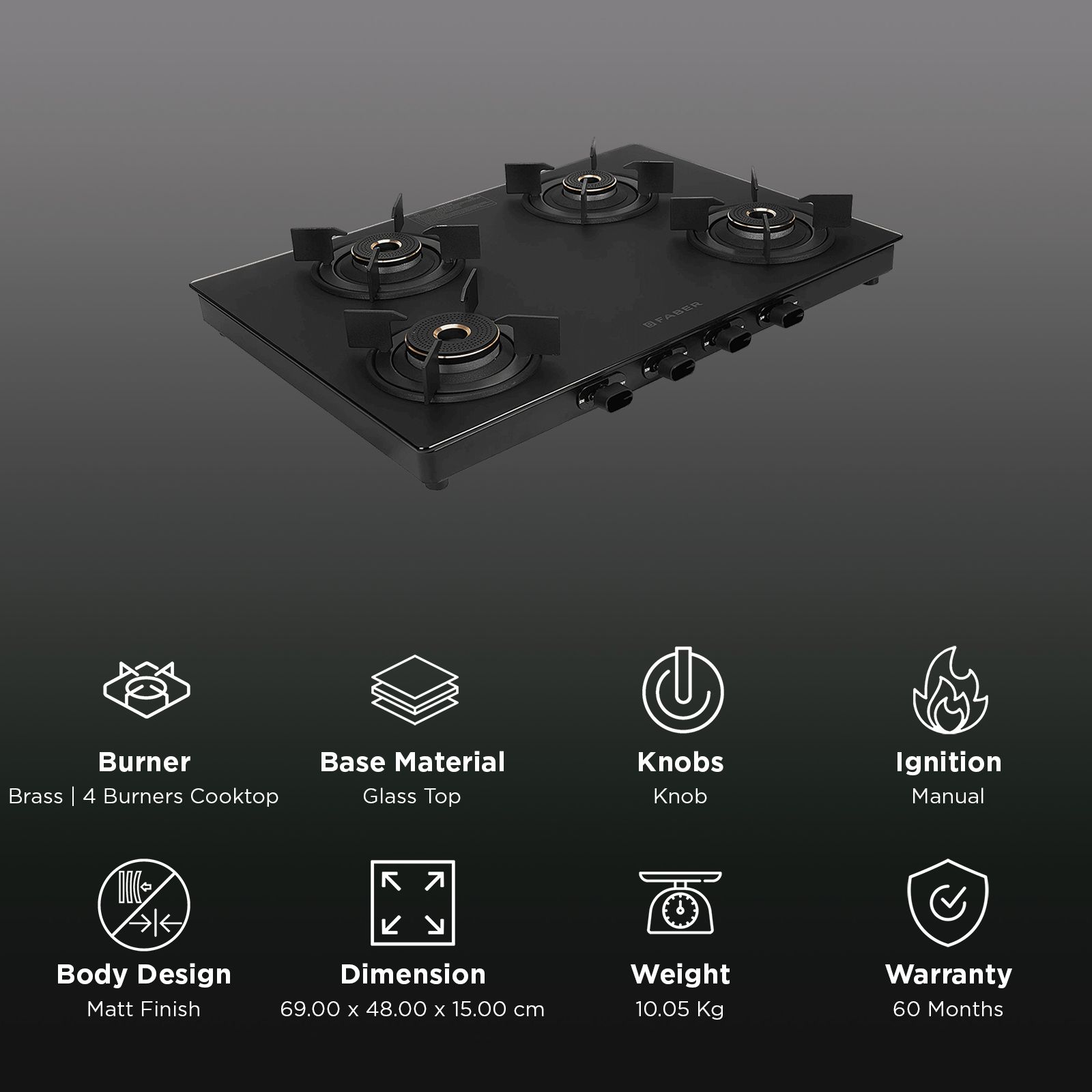 FABER NEBULA Glass Top 4 Burner Manual Gas Stove (Matt Finish, Black) FABER NEBULA Glass Top 4 Burner Manual Gas Stove (Matt Finish, Black)_3
